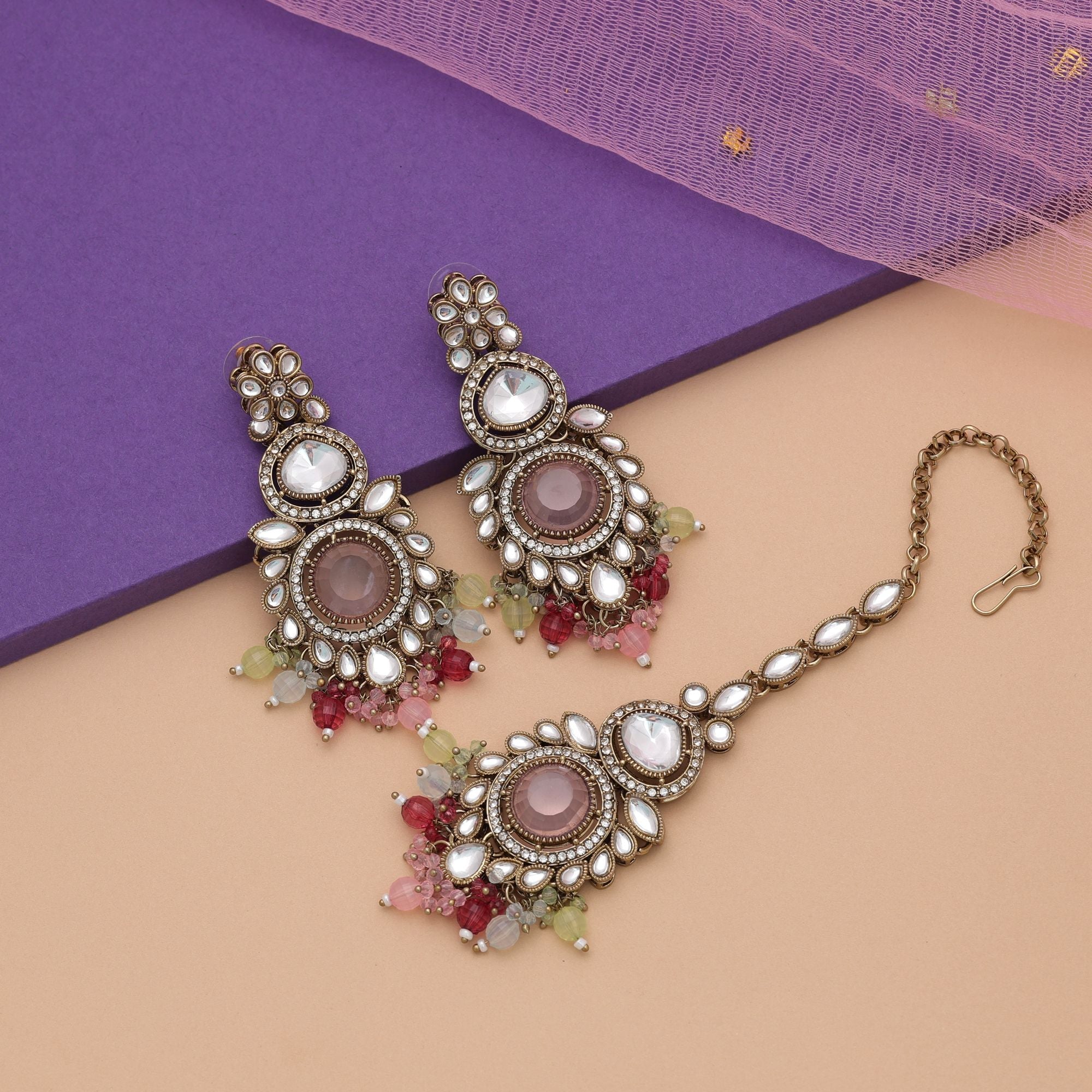 Multi Color Kundan Earrings Tikka Set Fashion Styling