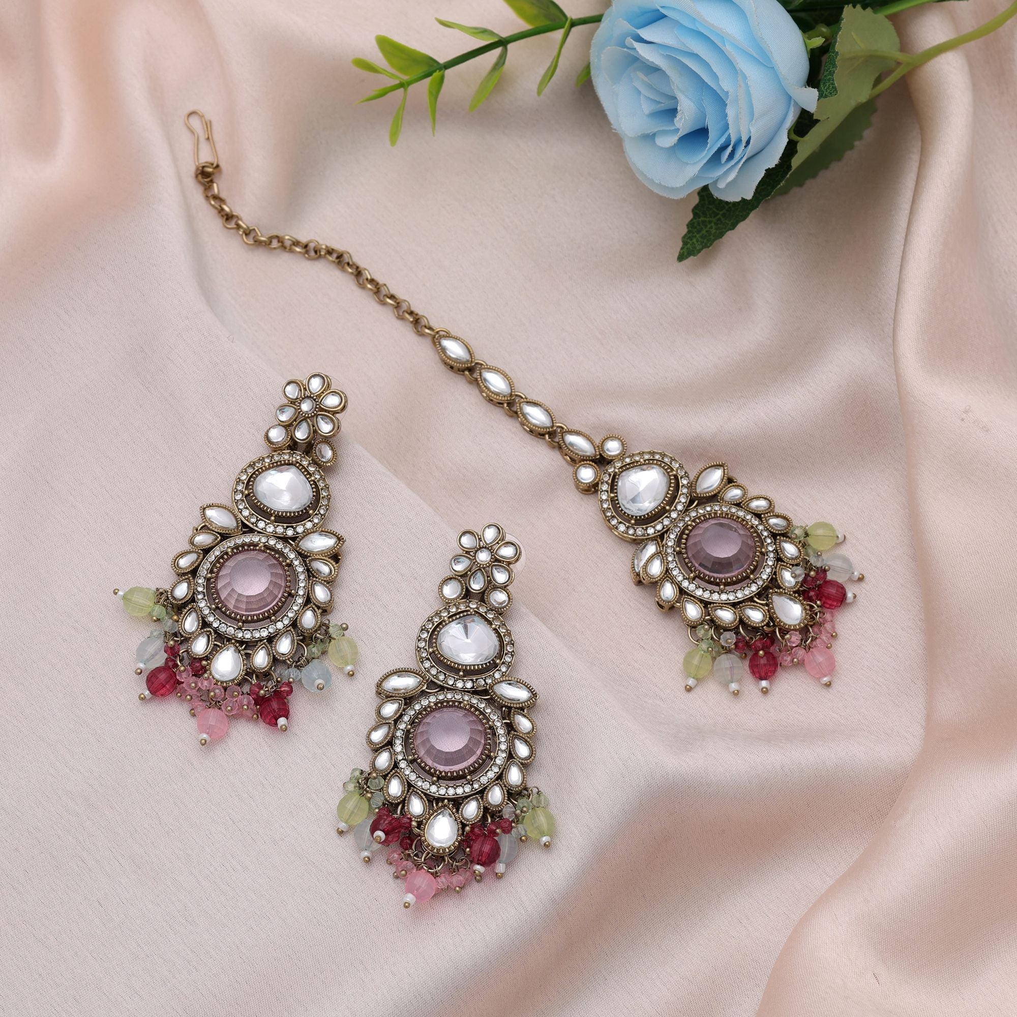 Multi Color Kundan Earrings Tikka Set Fashion Styling