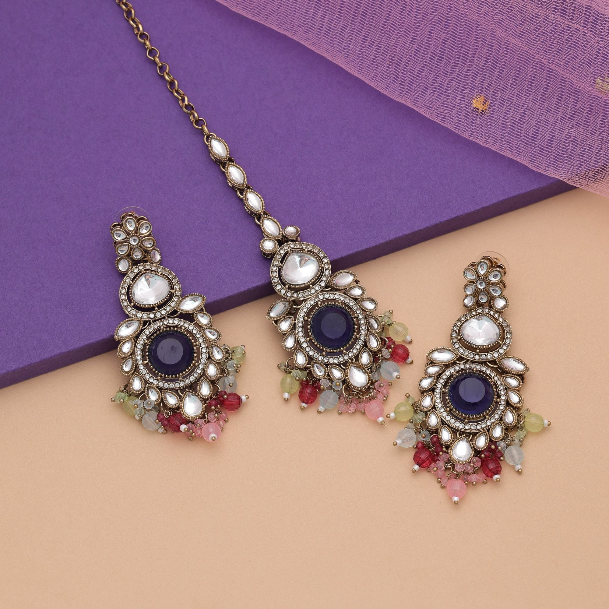 Multi Color Kundan Earrings Tikka Set Traditional Artwork