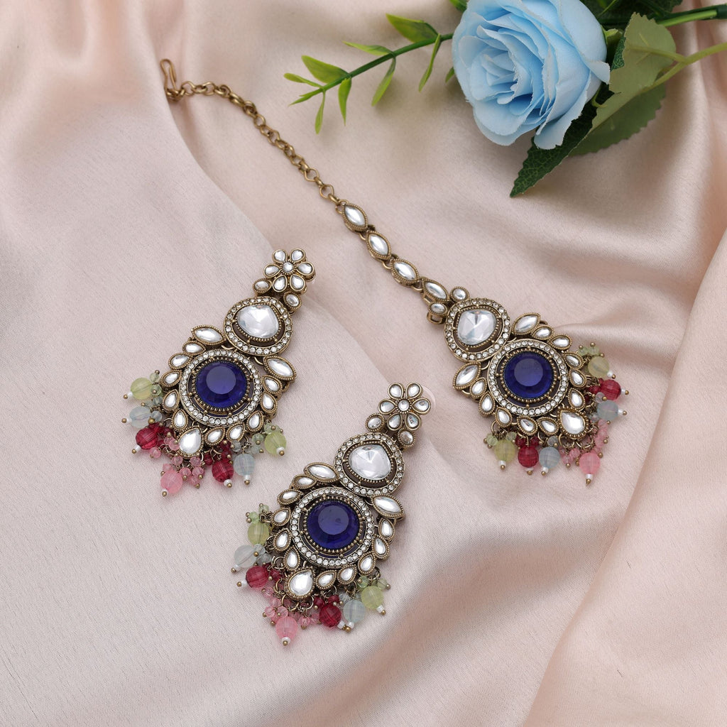 Multi Color Kundan Earrings Tikka Set Traditional Artwork
