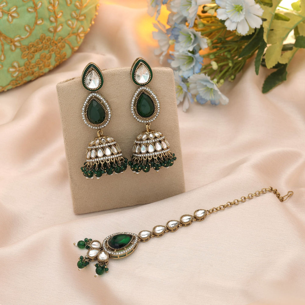 Green Color Kundan Earrings Tikka Set Ethnic Fashion