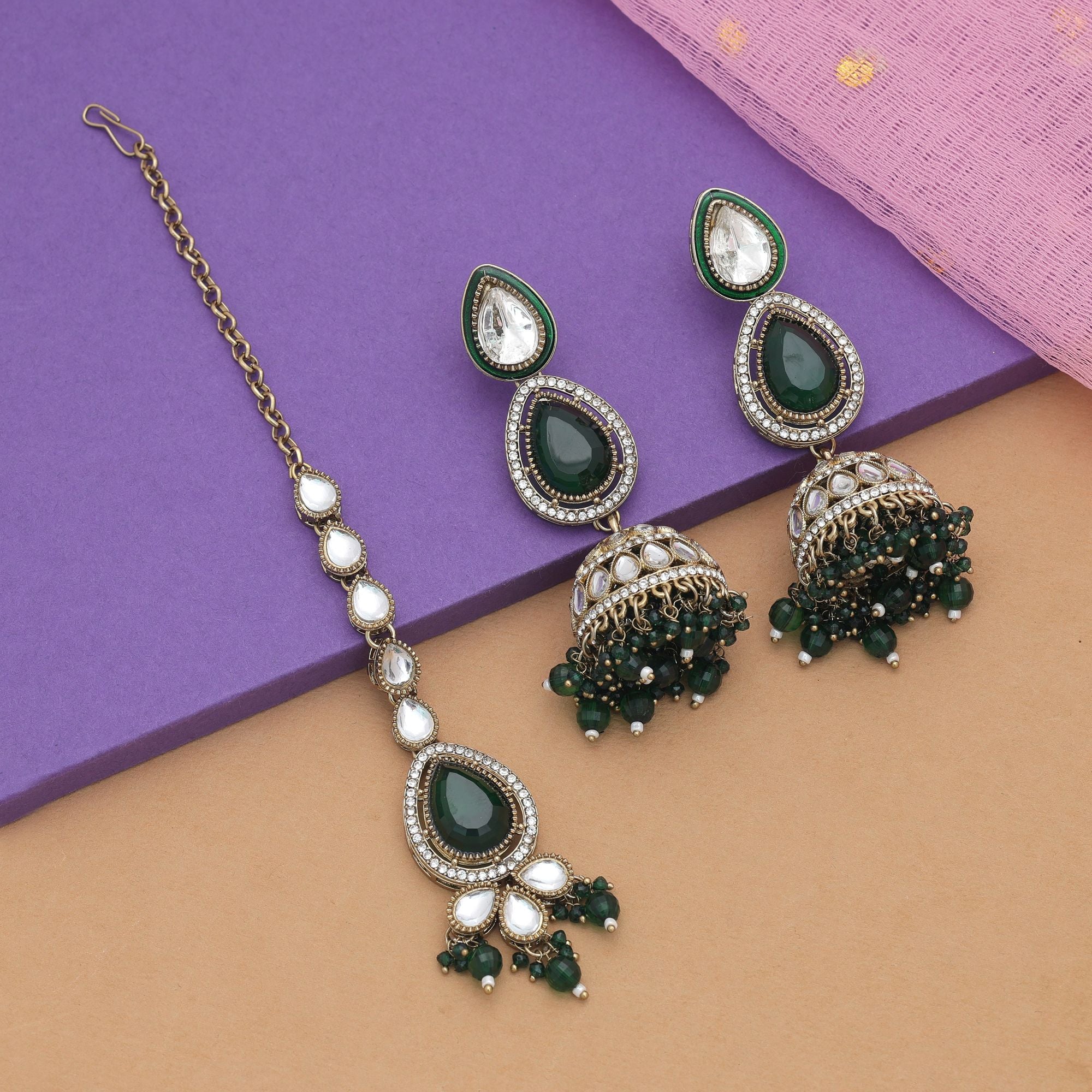 Green Color Kundan Earrings Tikka Set Ethnic Fashion