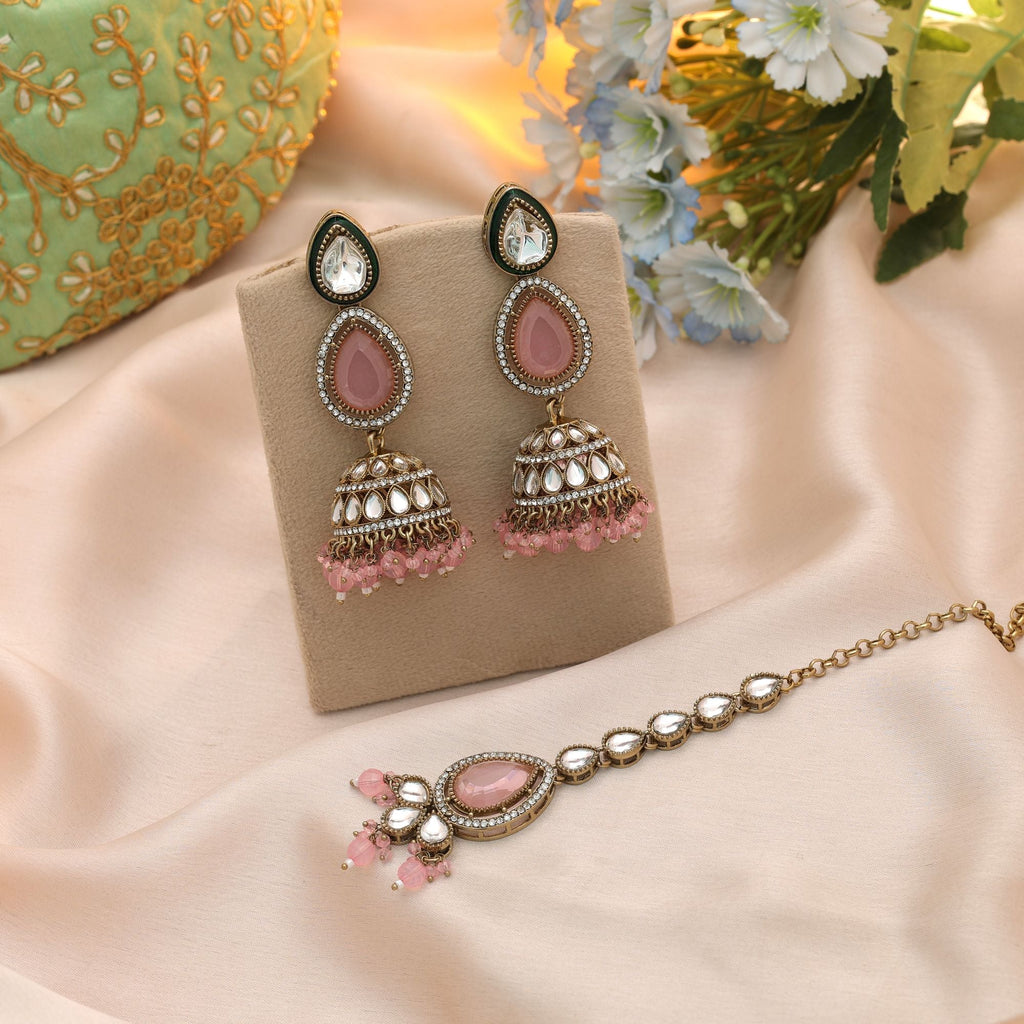 Light Pink Color Kundan Earrings Tikka Set Bridal Style