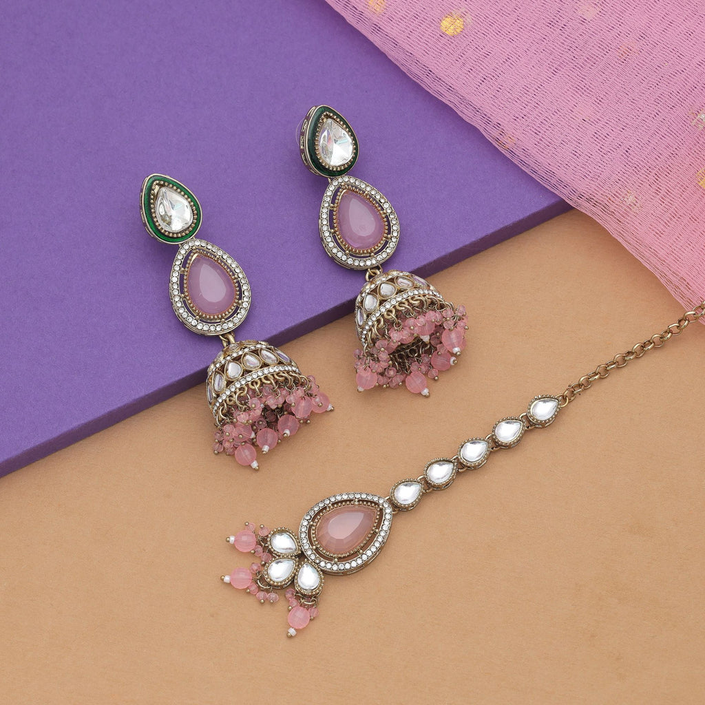 Light Pink Color Kundan Earrings Tikka Set Bridal Style