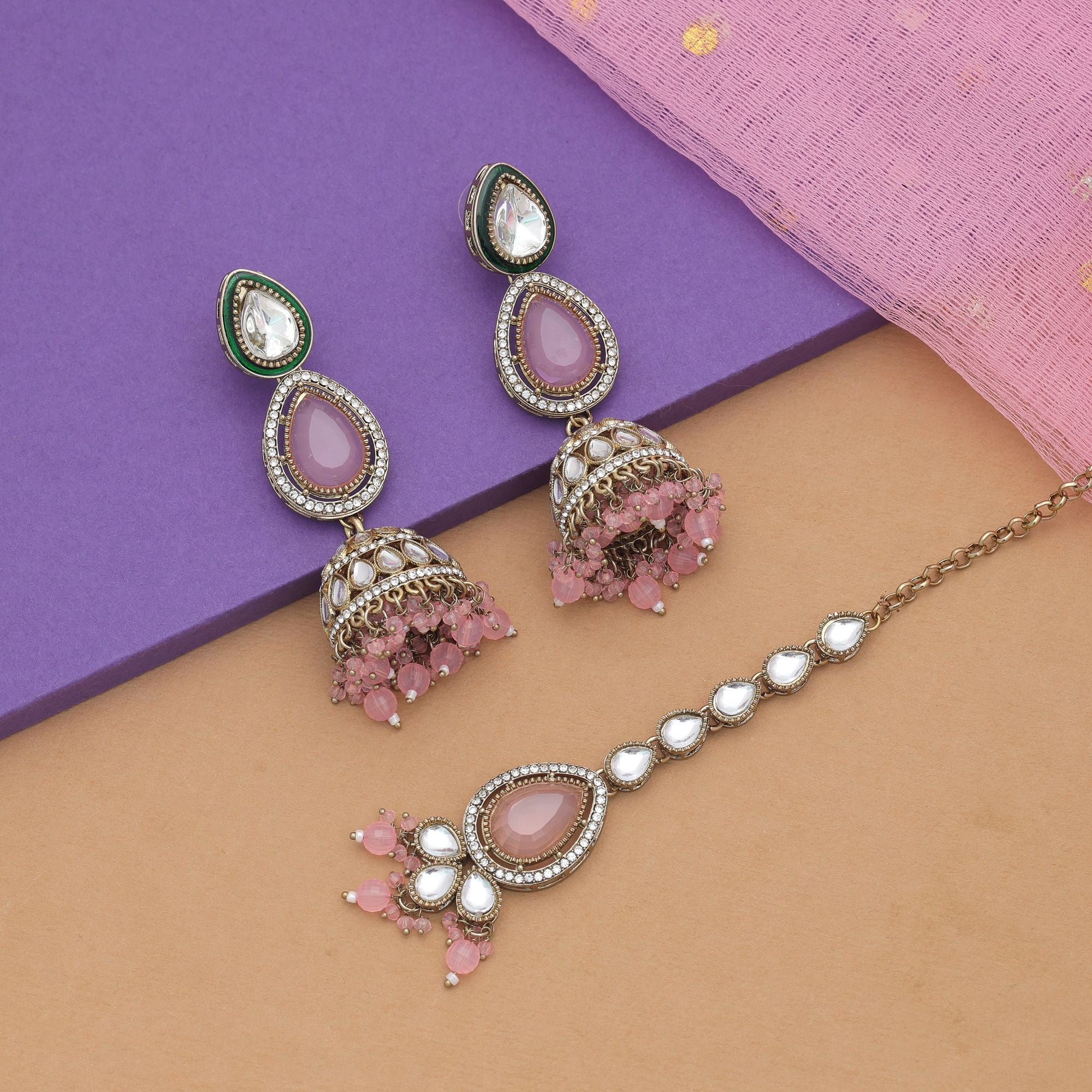 Light Pink Color Kundan Earrings Tikka Set Bridal Style
