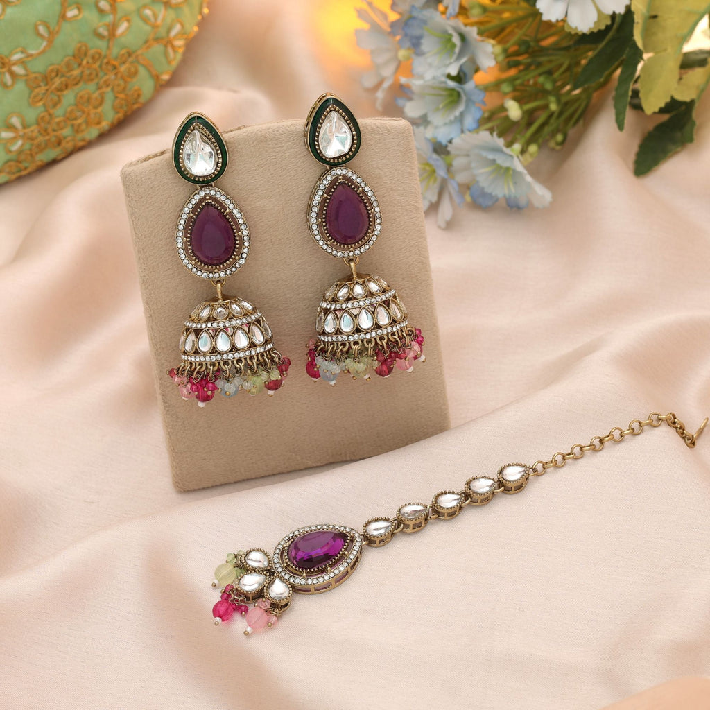 Multi Color Kundan Earrings Tikka Set Bridal Collection
