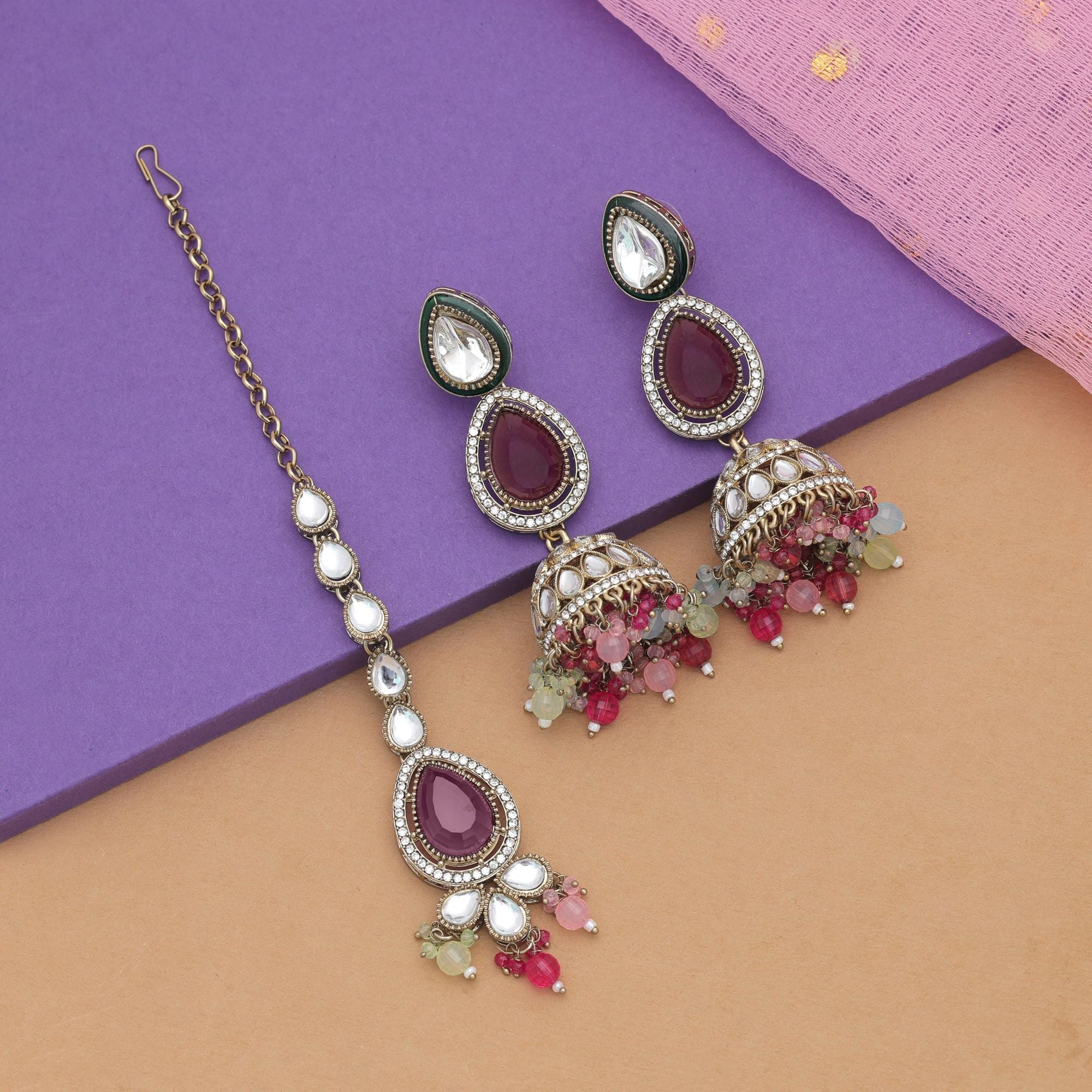 Multi Color Kundan Earrings Tikka Set Bridal Collection