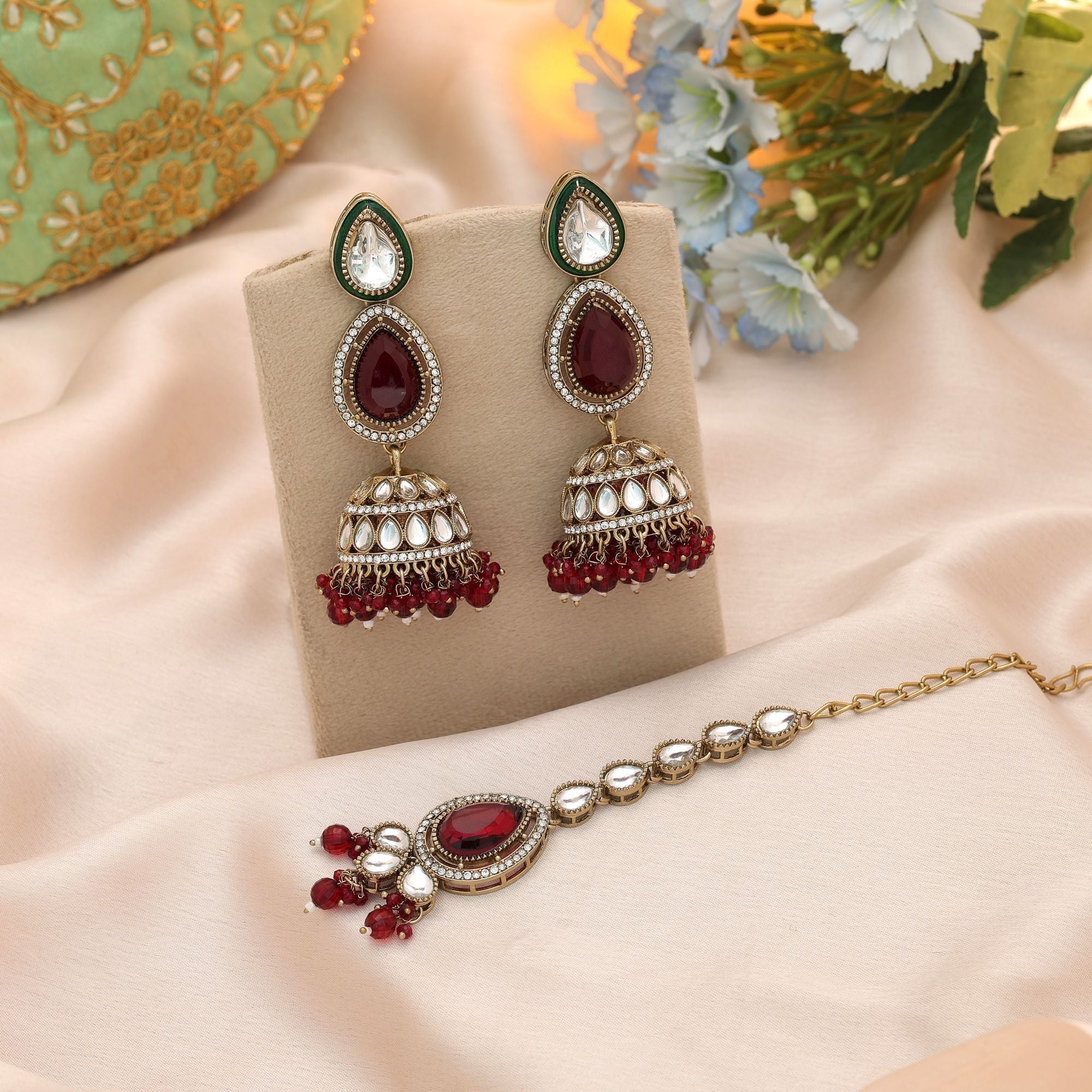 Maroon Color Kundan Earrings Tikka Set Traditional Jewelry