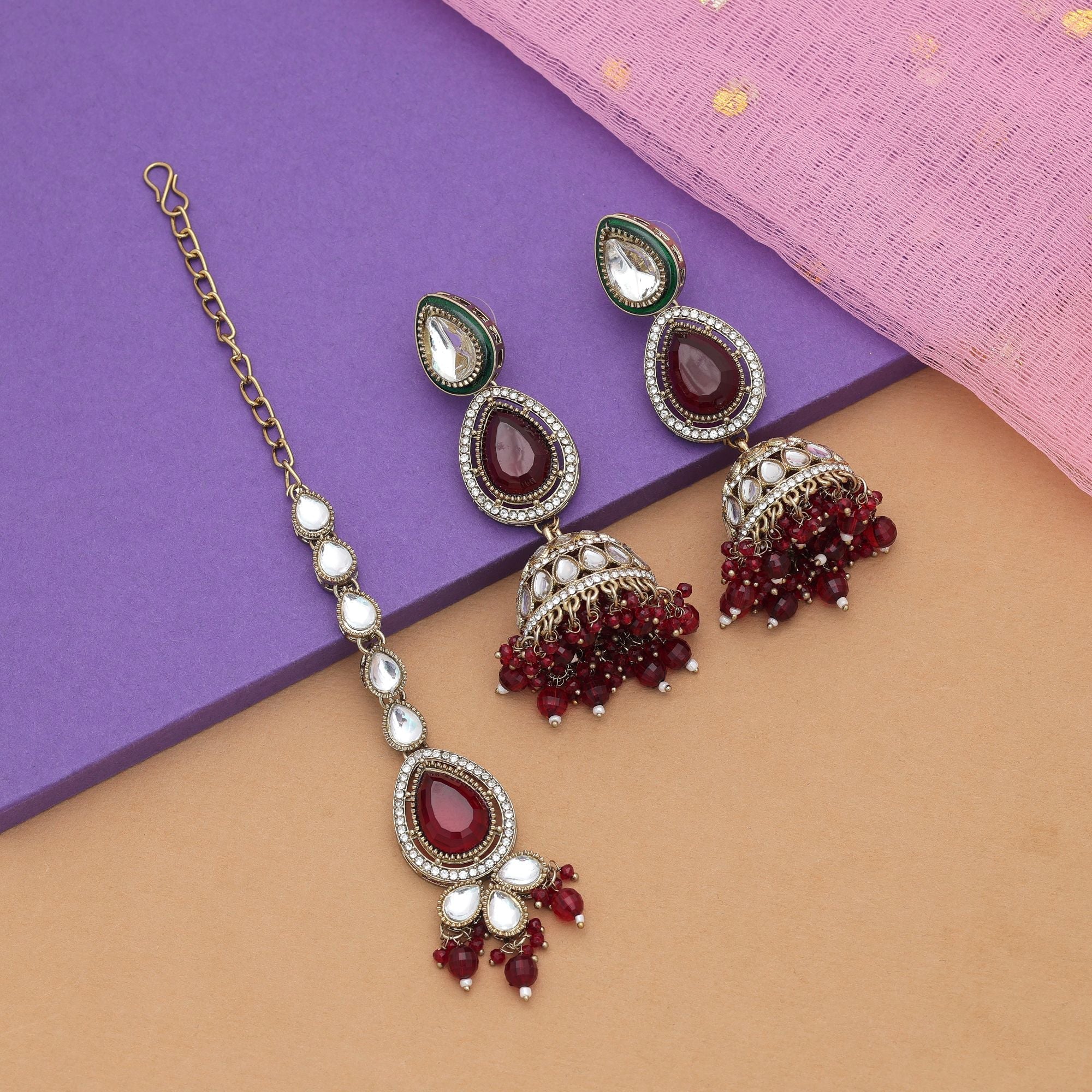 Maroon Color Kundan Earrings Tikka Set Traditional Jewelry
