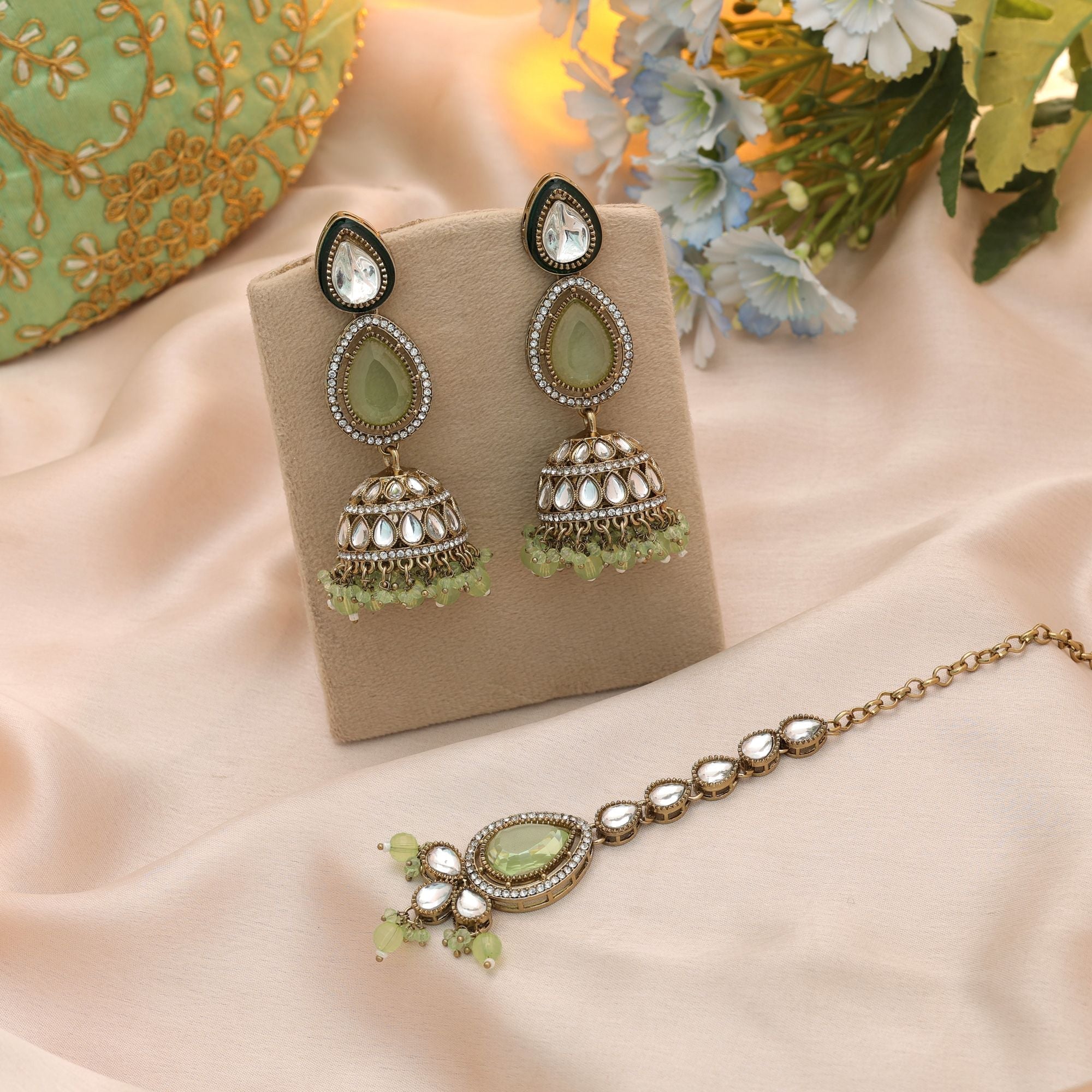 Pista Green Color Kundan Earrings Tikka Set Festive Wear