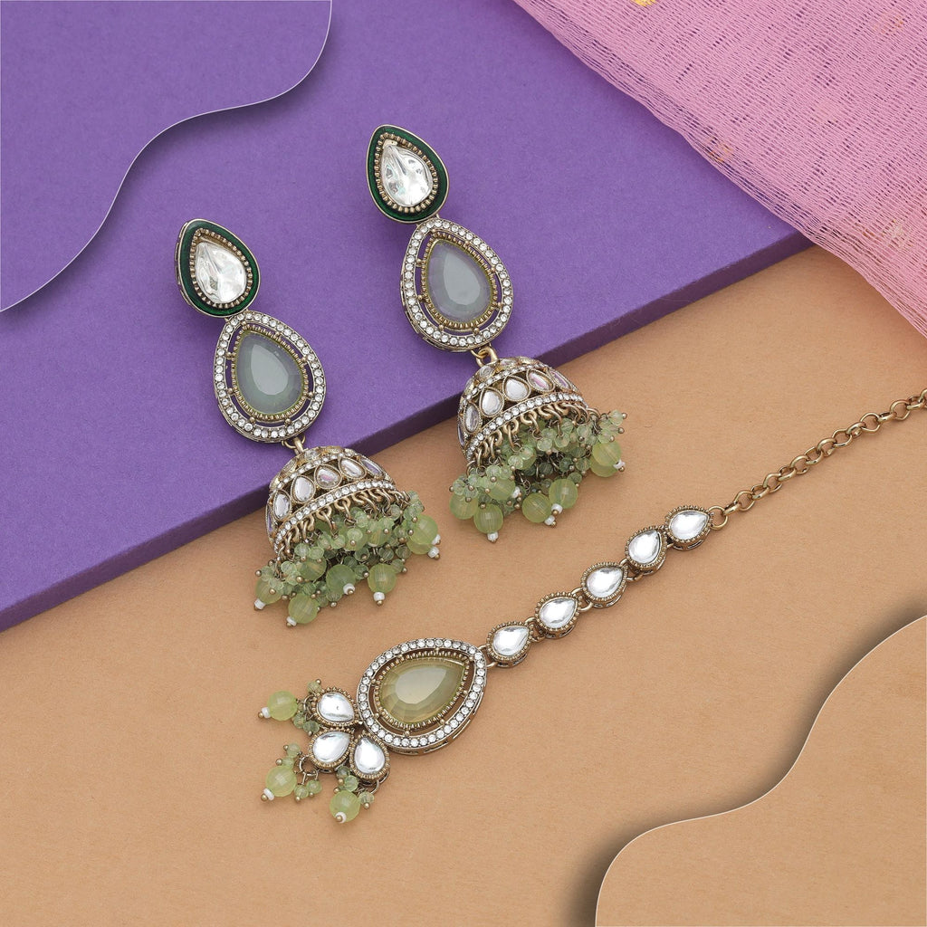Pista Green Color Kundan Earrings Tikka Set Festive Wear