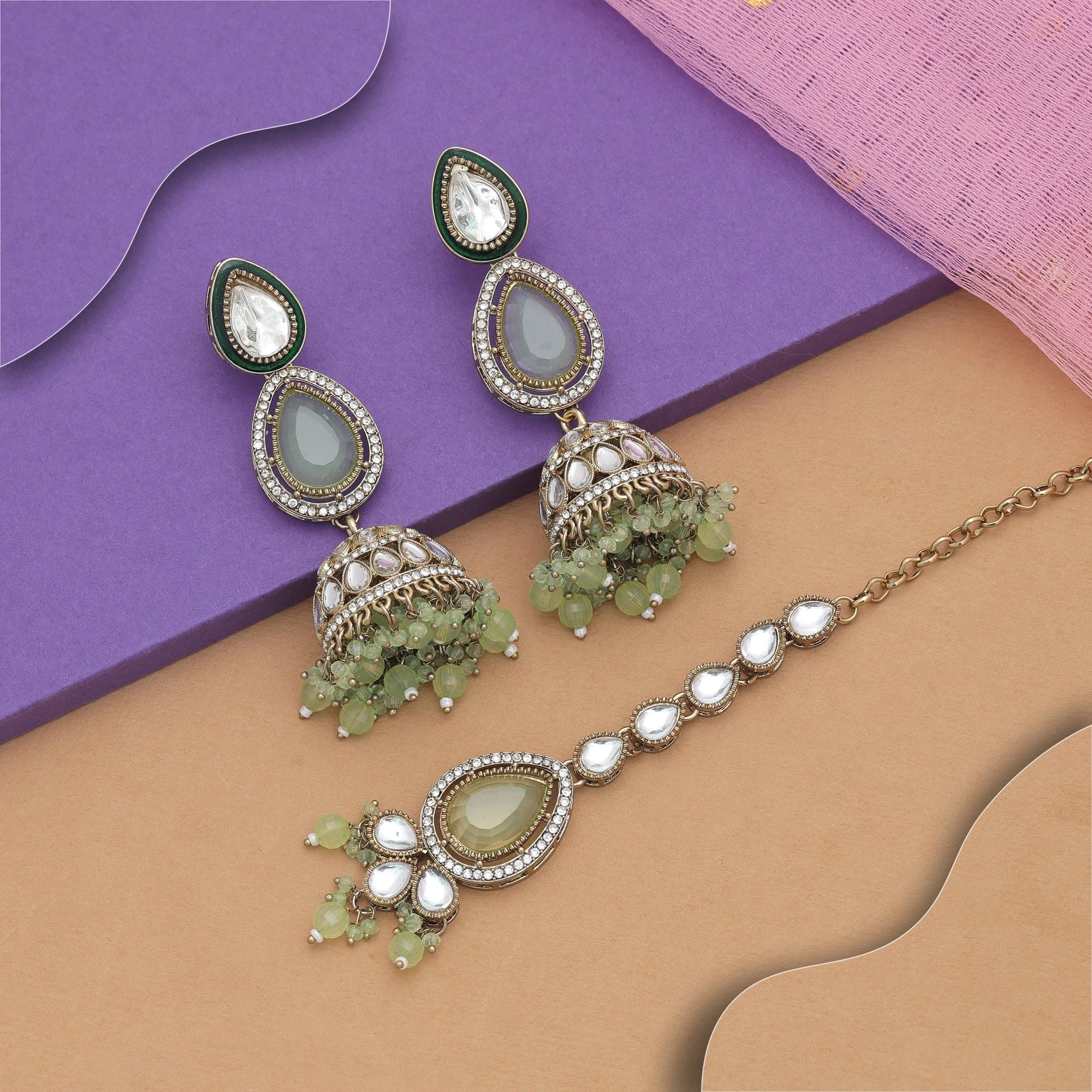 Pista Green Color Kundan Earrings Tikka Set Festive Wear