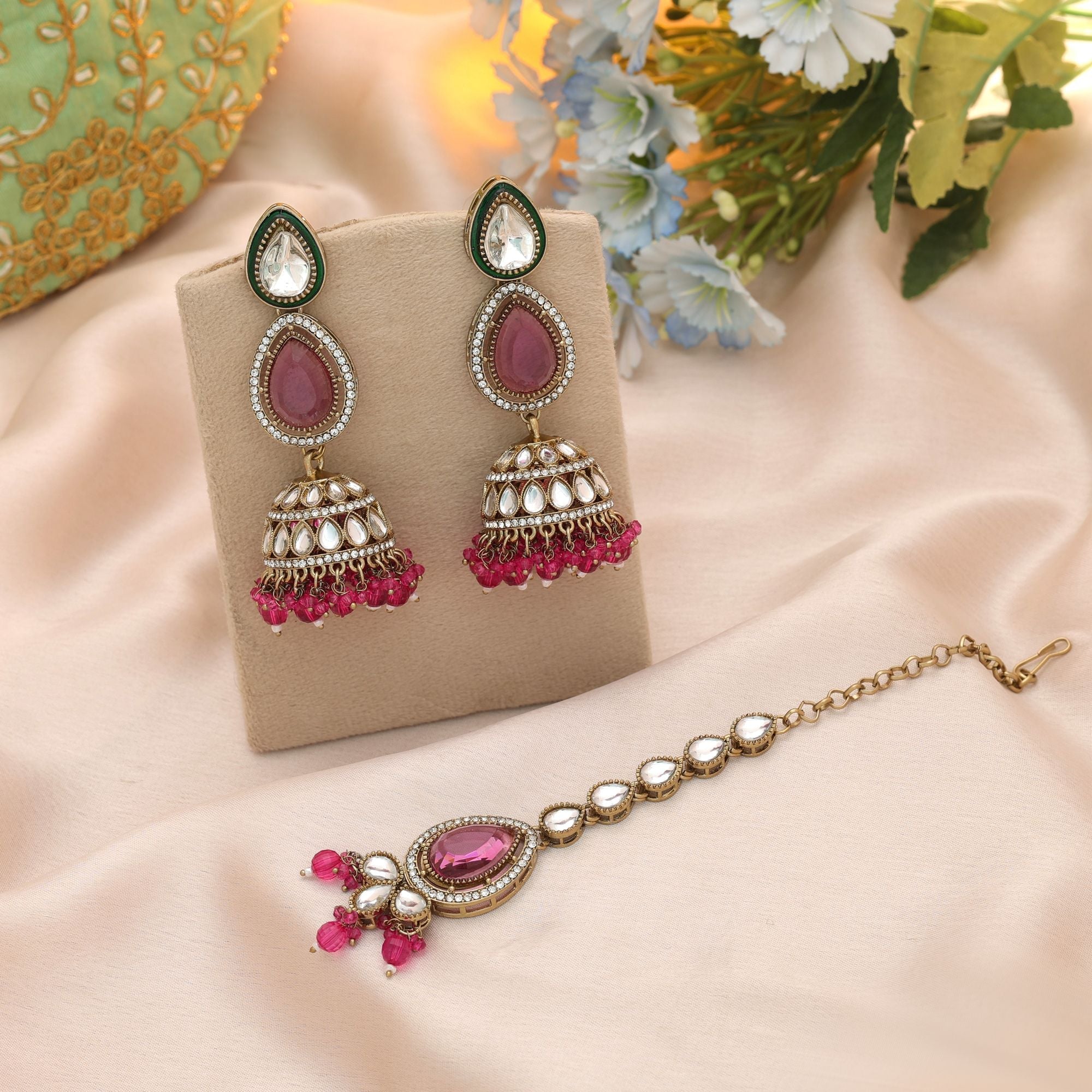 Rani Color Kundan Earrings Tikka Set Wedding Finish