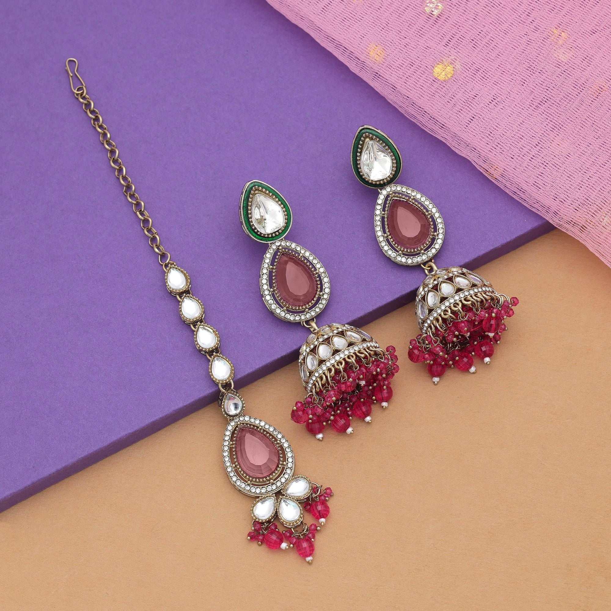Rani Color Kundan Earrings Tikka Set Wedding Finish