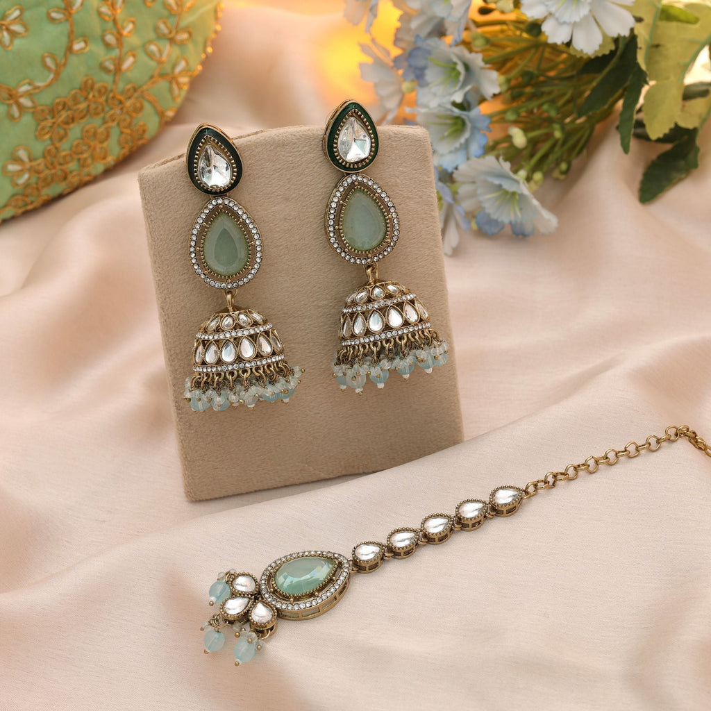Sky Blue Color Kundan Earrings Tikka Set Bridal Jewelry