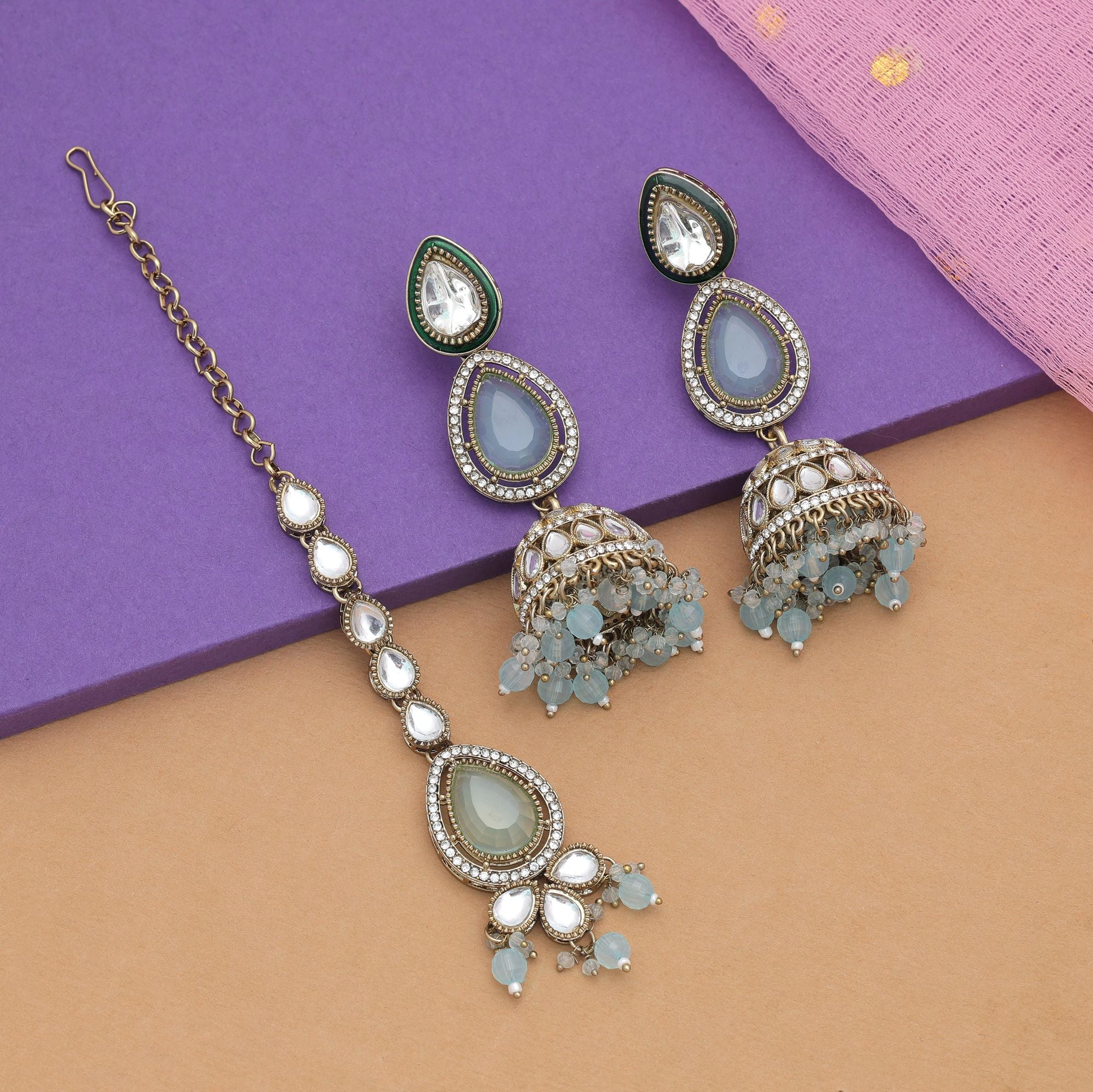 Sky Blue Color Kundan Earrings Tikka Set Bridal Jewelry