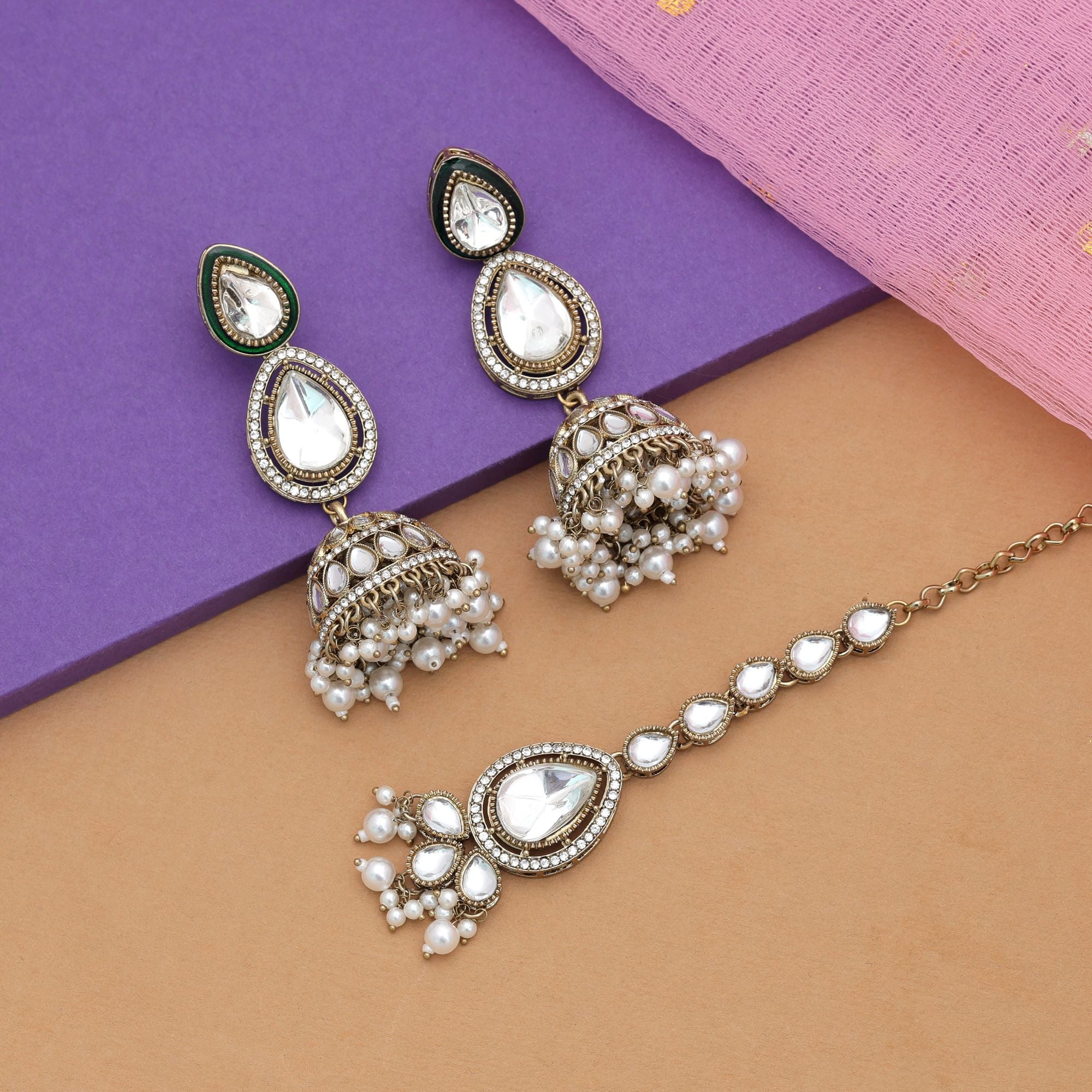 White Color Kundan Earrings Tikka Set Festive Styling