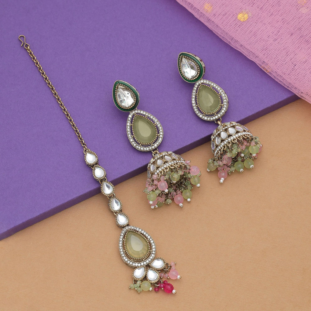 Multi Color Kundan Earrings Tikka Set Festive Fashion