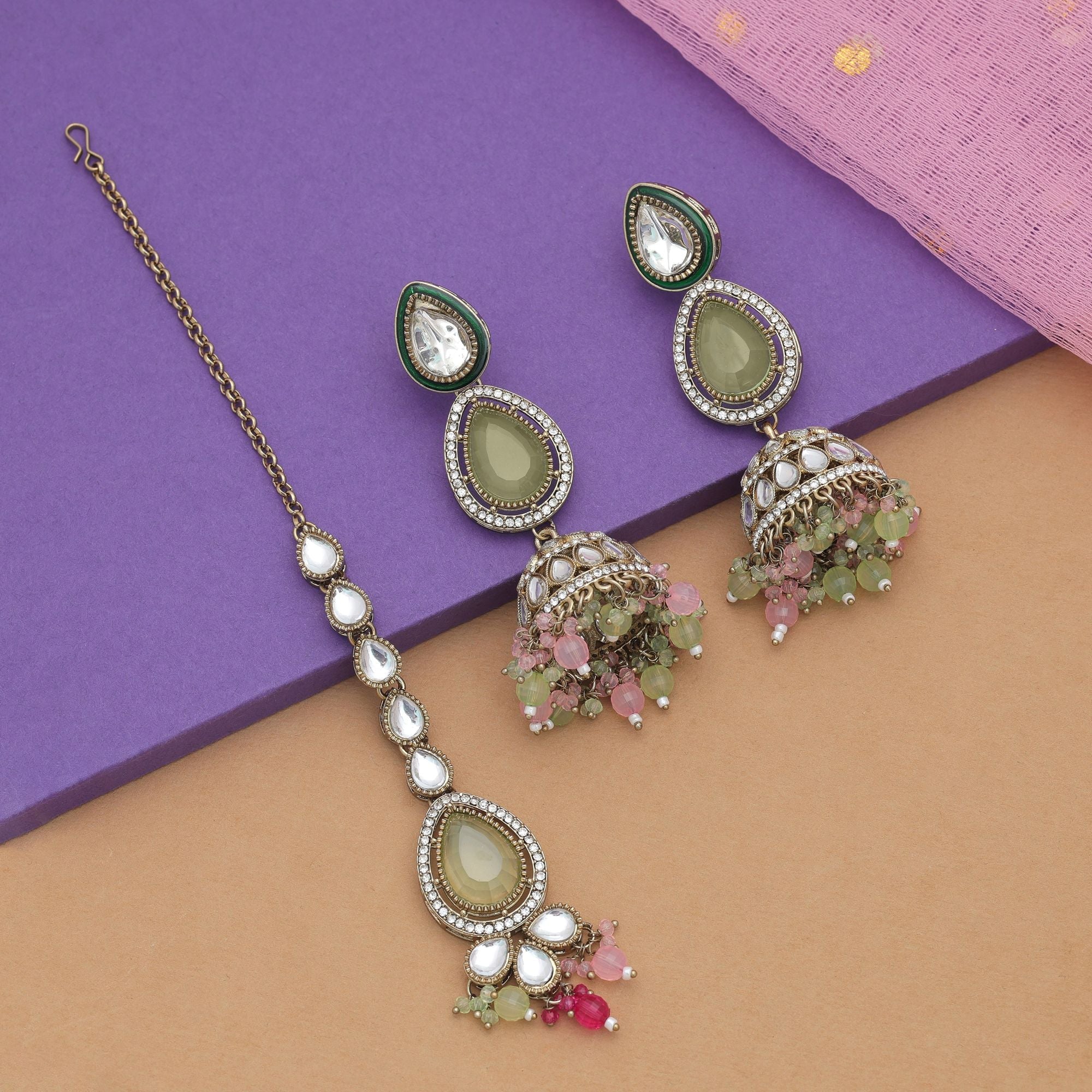 Multi Color Kundan Earrings Tikka Set Festive Fashion