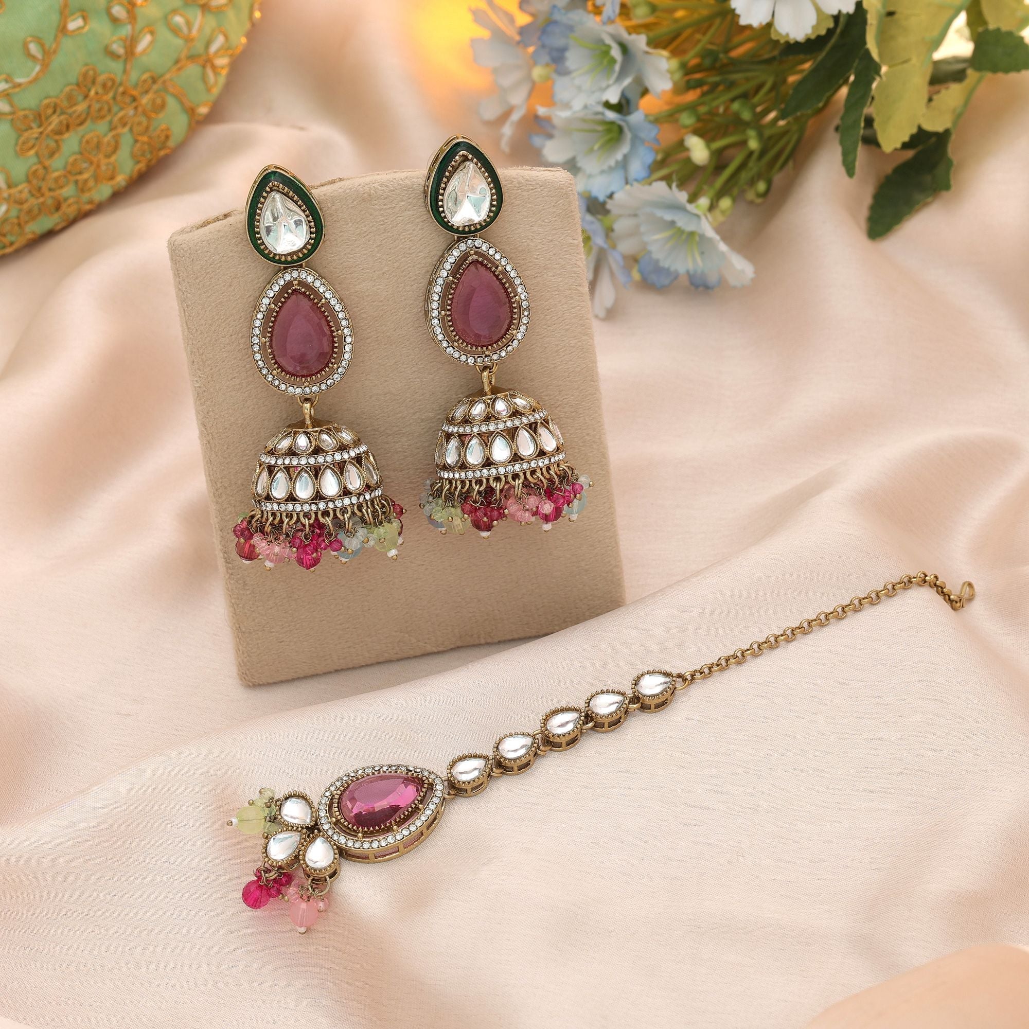 Multi Color Kundan Earrings Tikka Set Wedding Styling