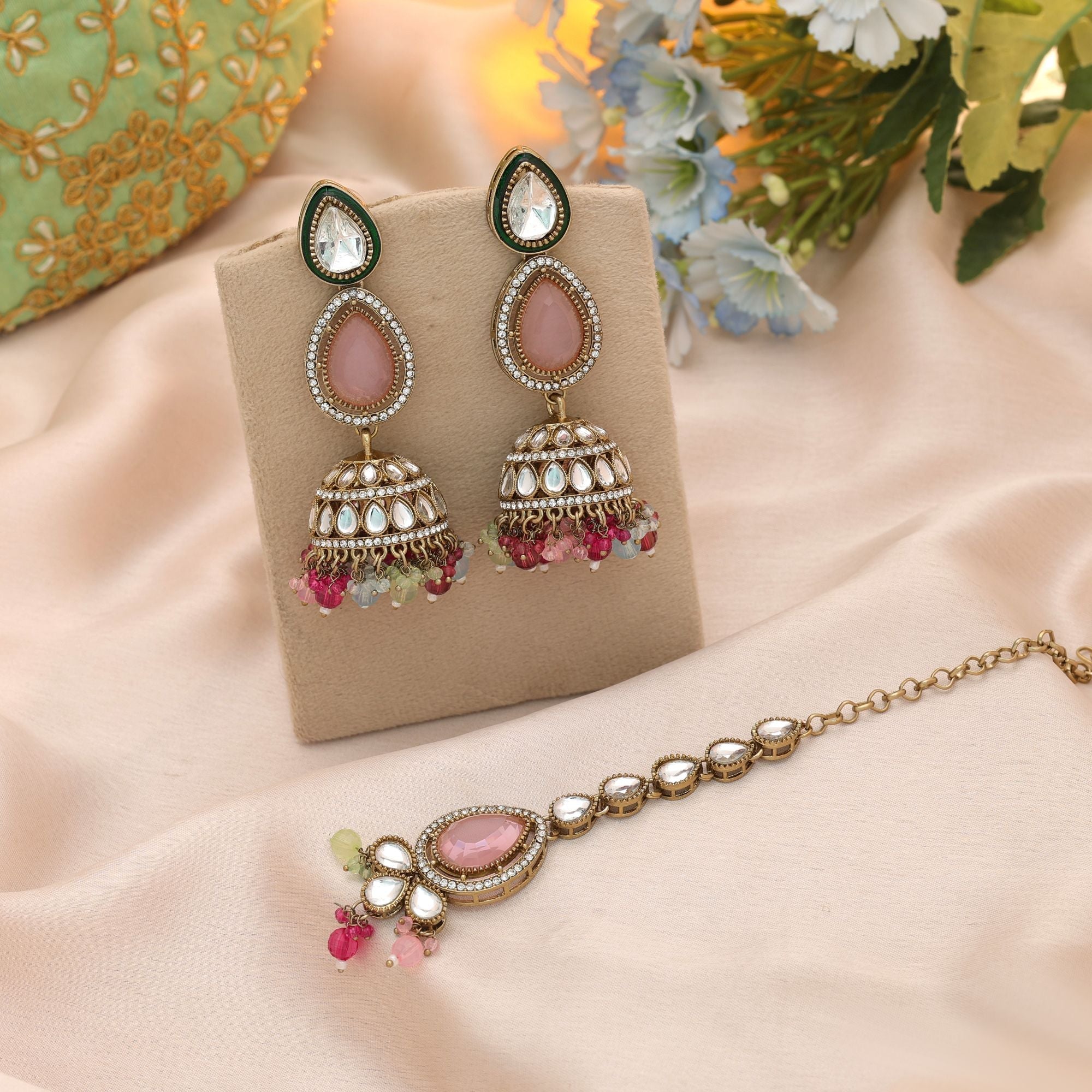 Multi Color Kundan Earrings Tikka Set Bridal Artwork