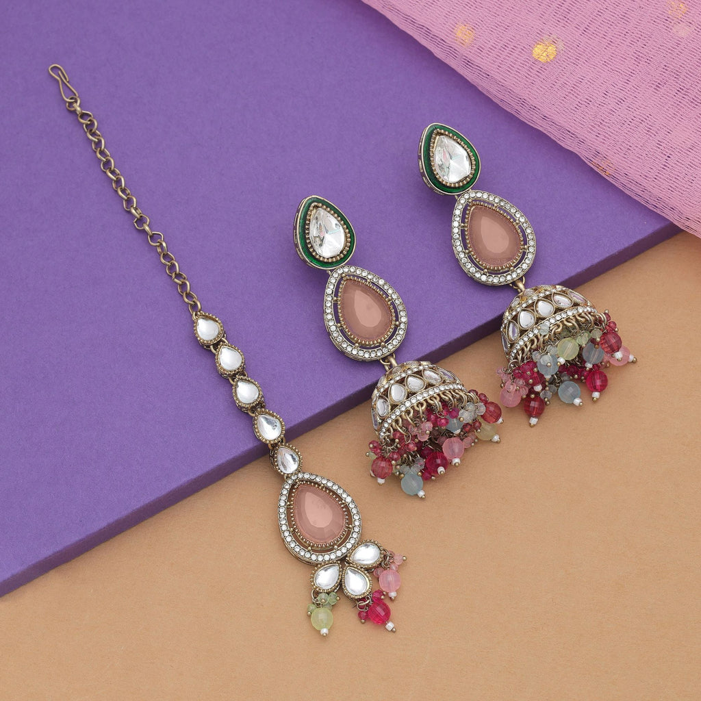 Multi Color Kundan Earrings Tikka Set Bridal Artwork