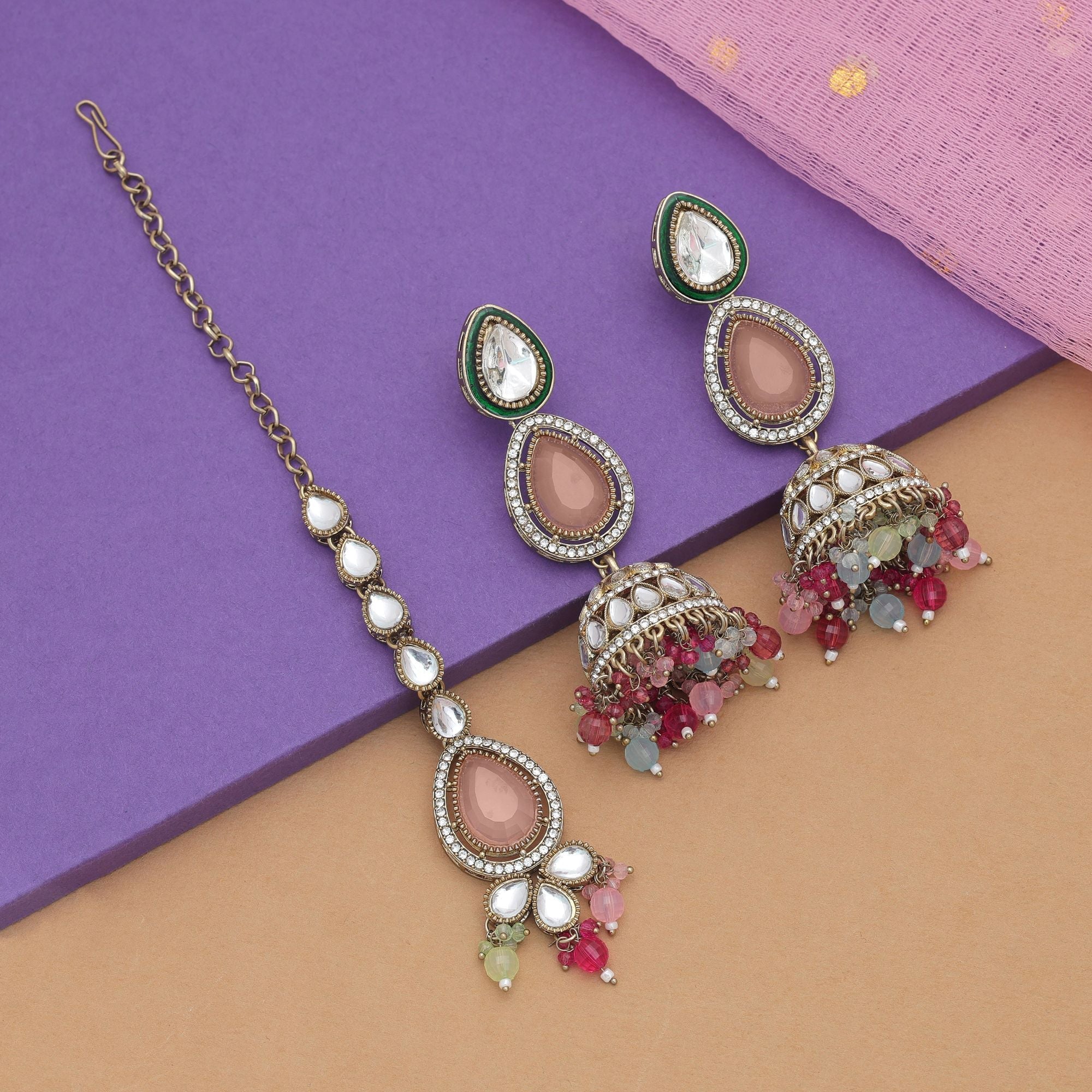 Multi Color Kundan Earrings Tikka Set Bridal Artwork
