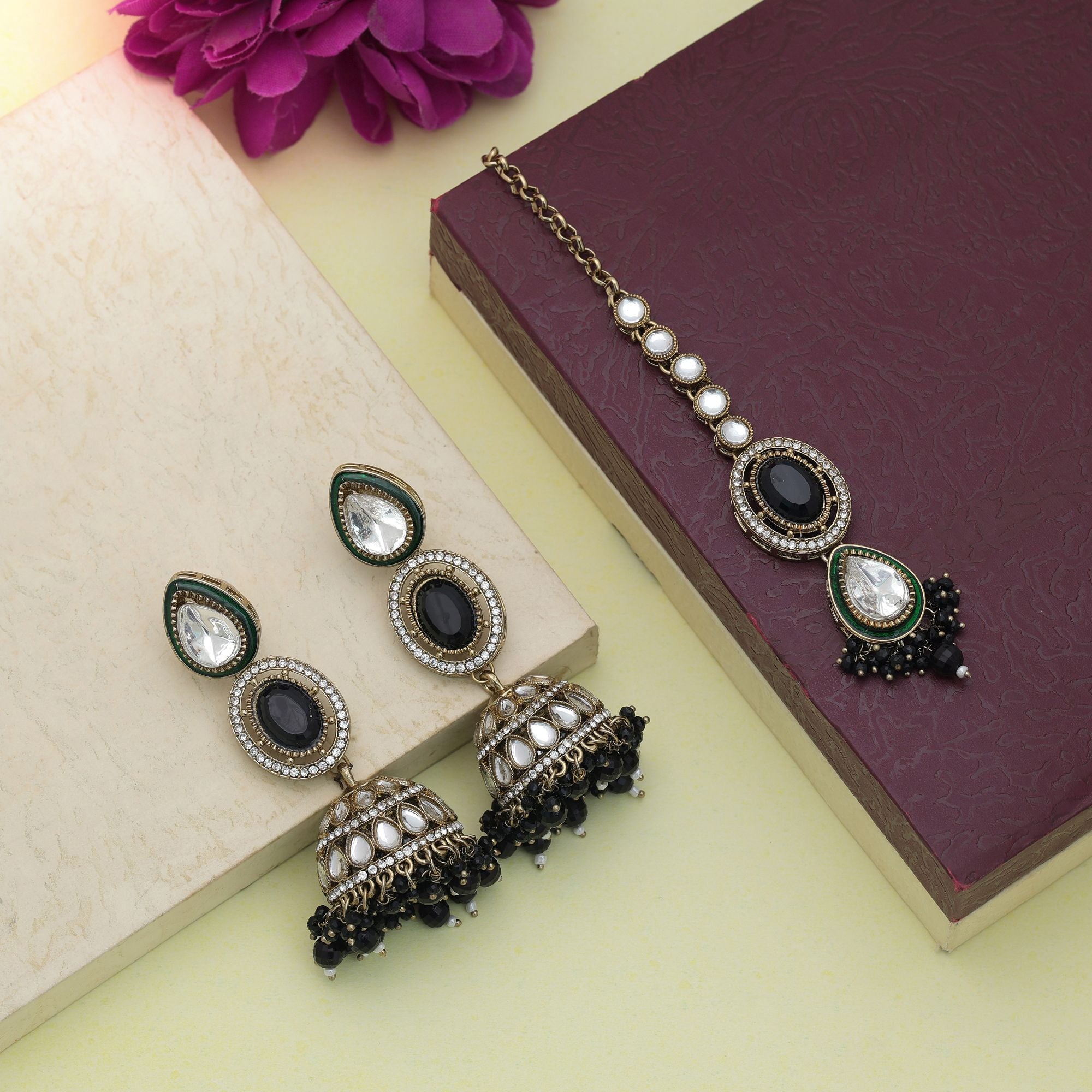 Black Color Kundan Earrings Tikka Set Party Collection