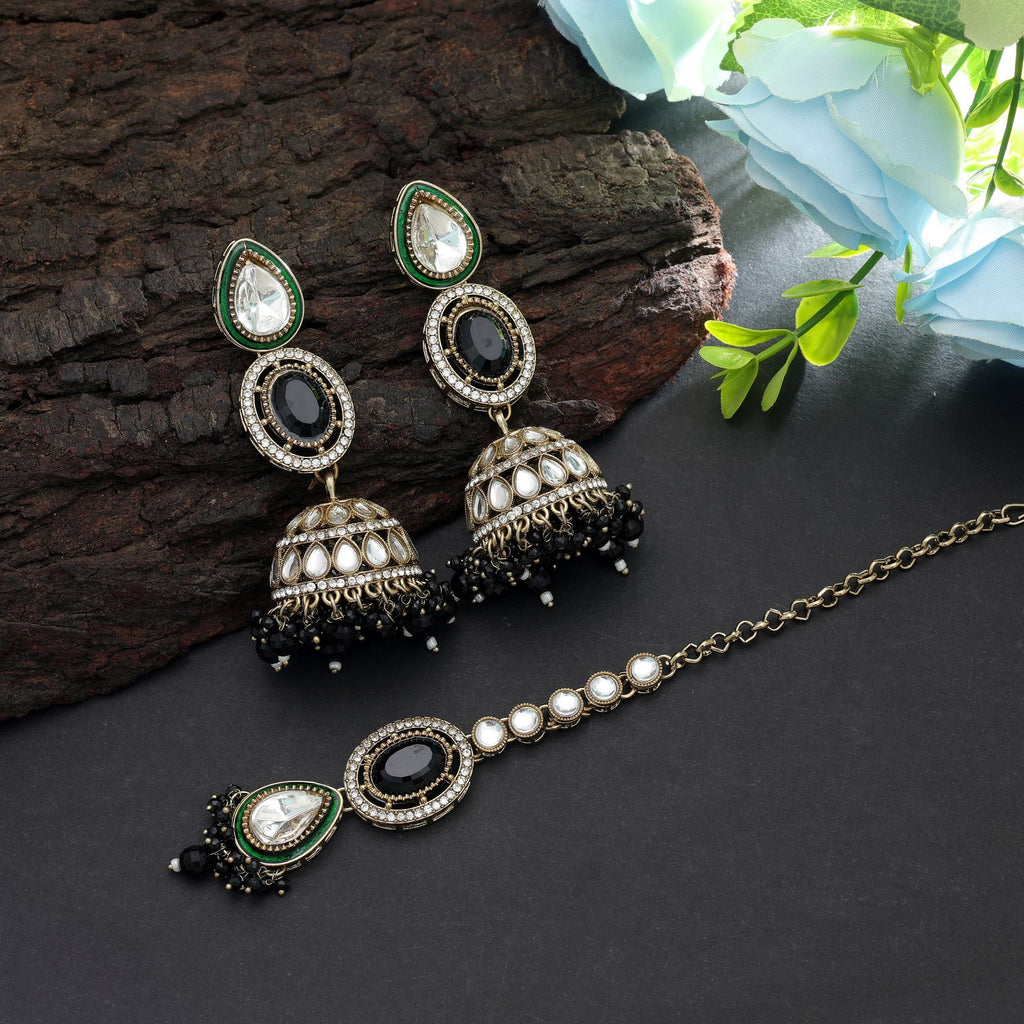 Black Color Kundan Earrings Tikka Set Party Collection