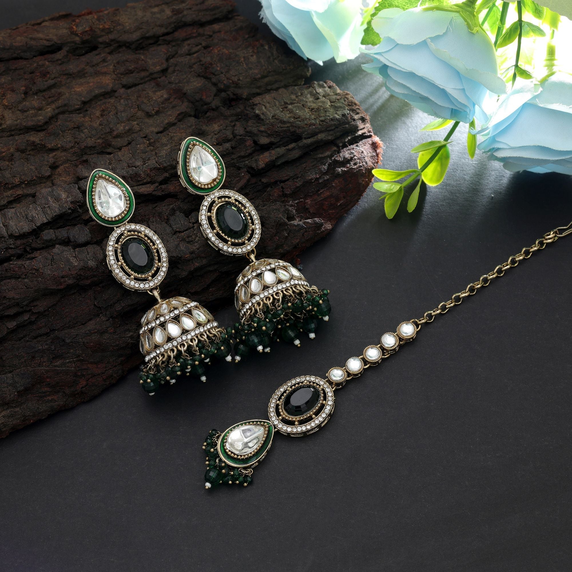 Green Color Kundan Earrings Tikka Set Bridal Jewelry