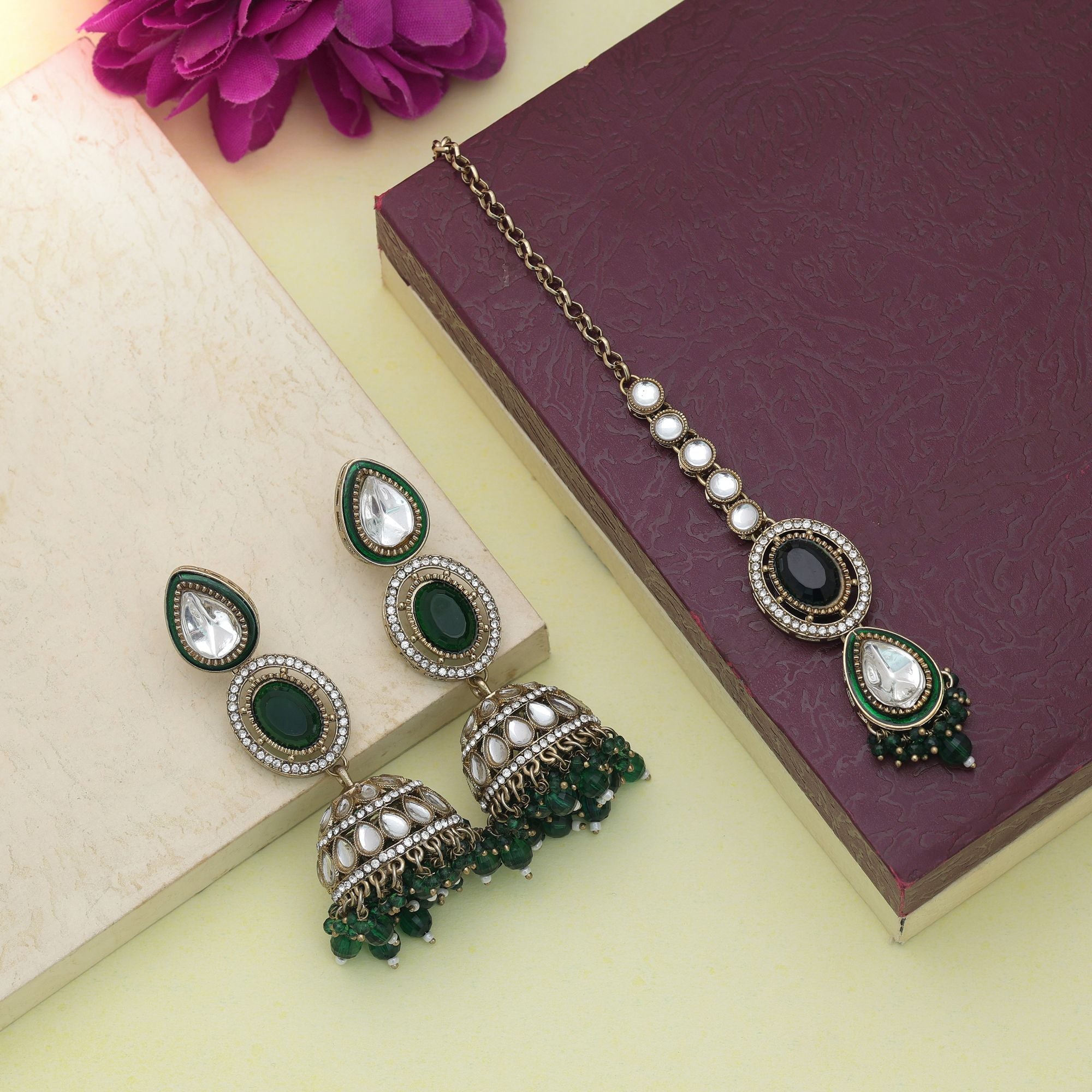 Green Color Kundan Earrings Tikka Set Bridal Jewelry
