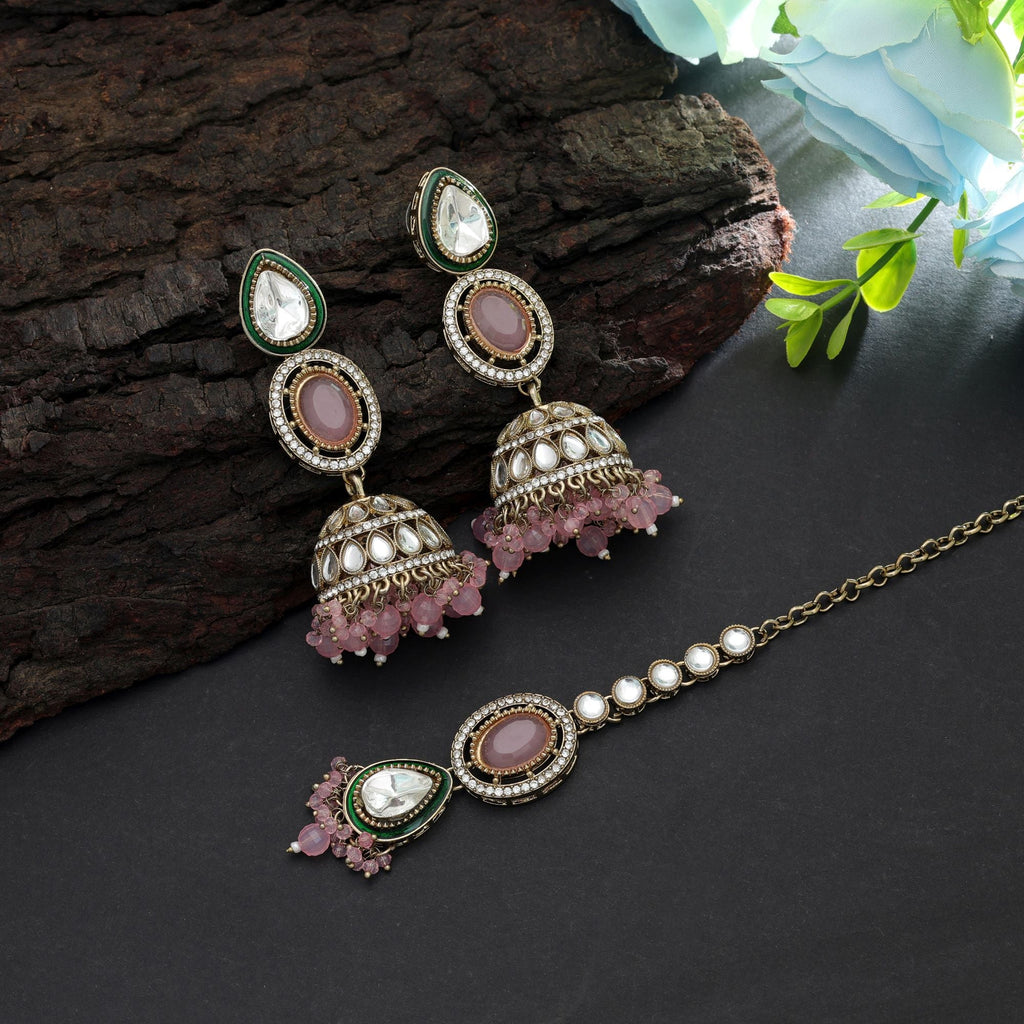 Light Pink Color Kundan Earrings Tikka Set Party Wear