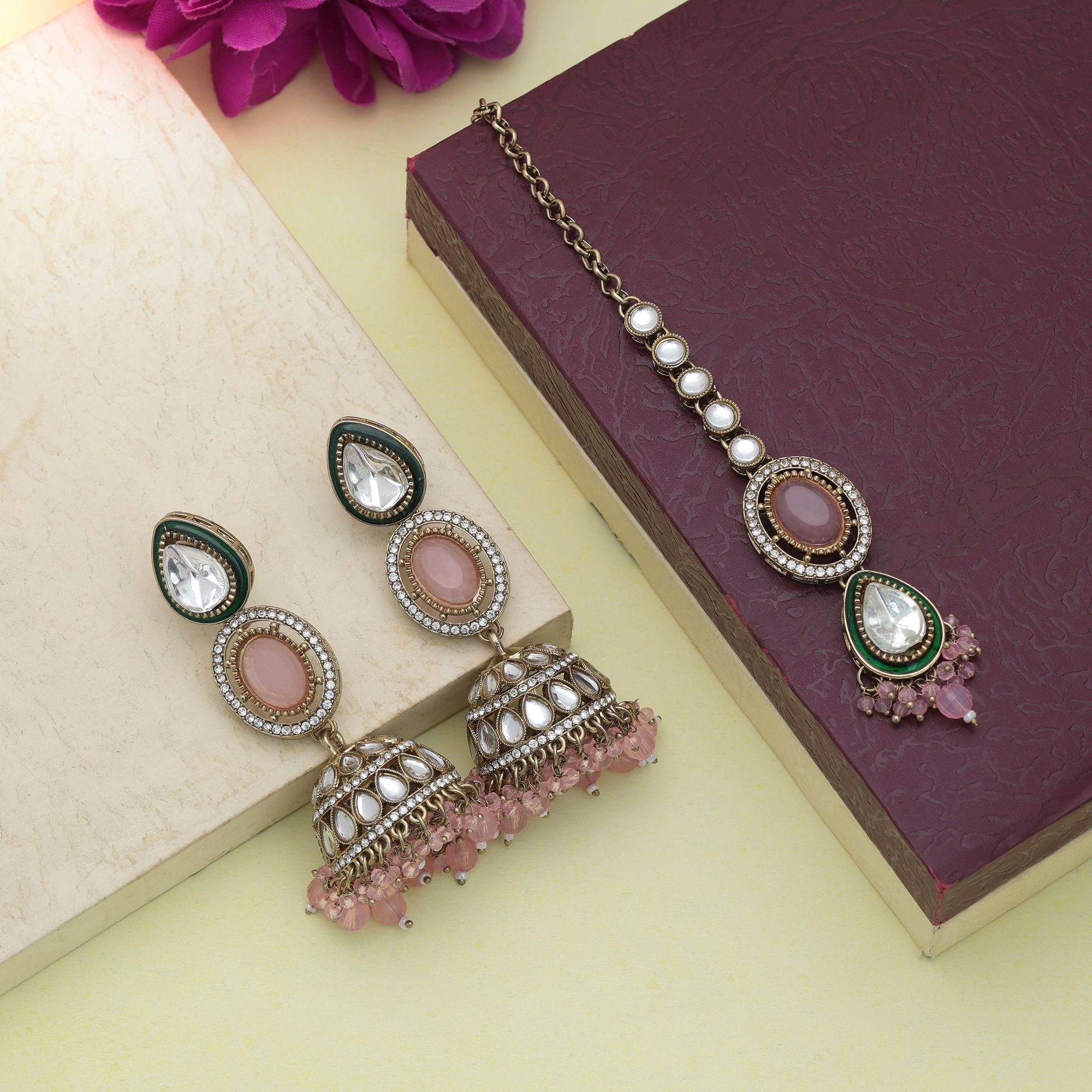 Light Pink Color Kundan Earrings Tikka Set Party Wear