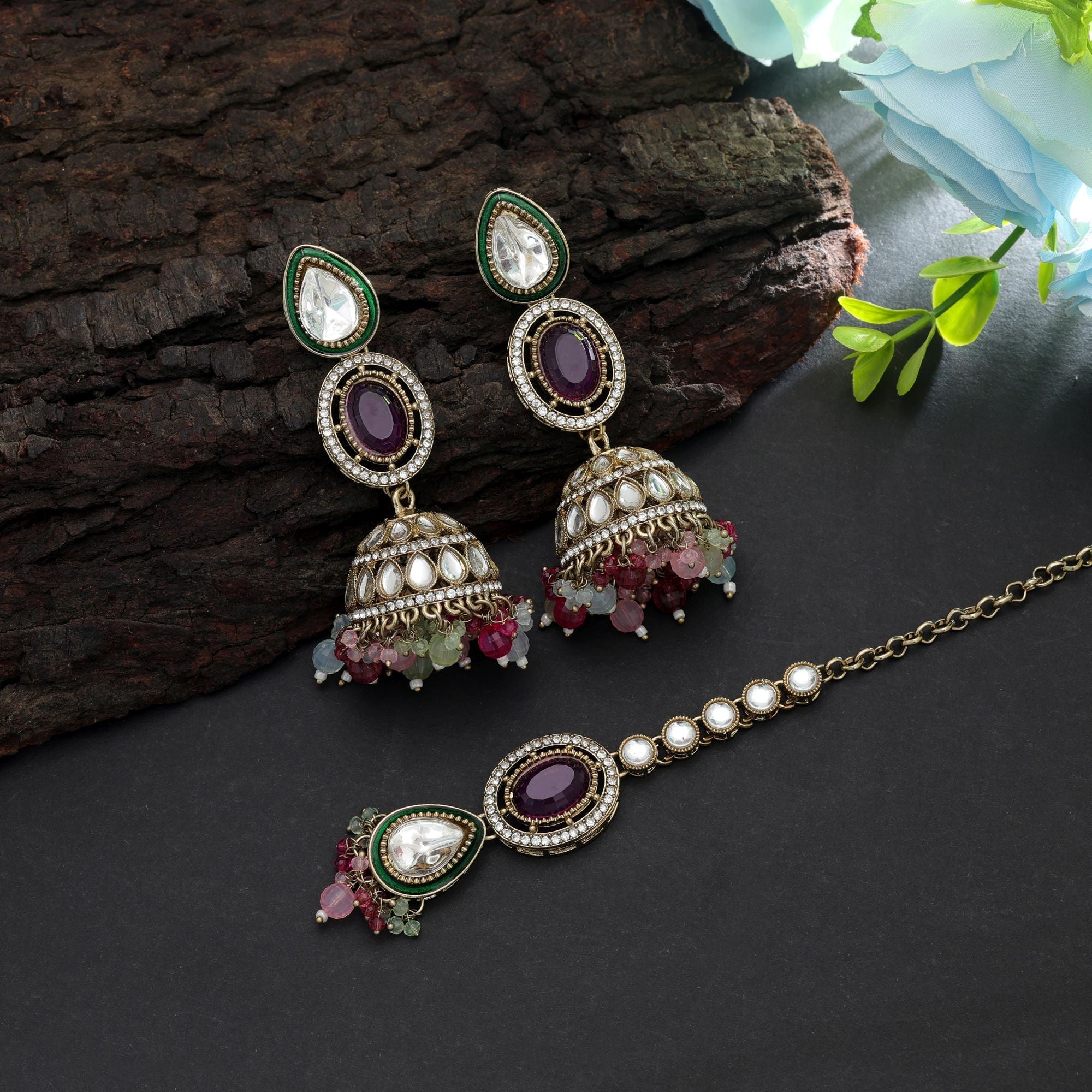 Multi Color Kundan Earrings Tikka Set Traditional Artwork