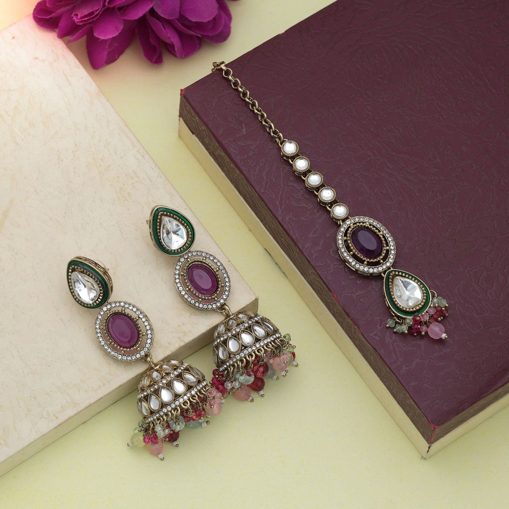 Multi Color Kundan Earrings Tikka Set Traditional Artwork
