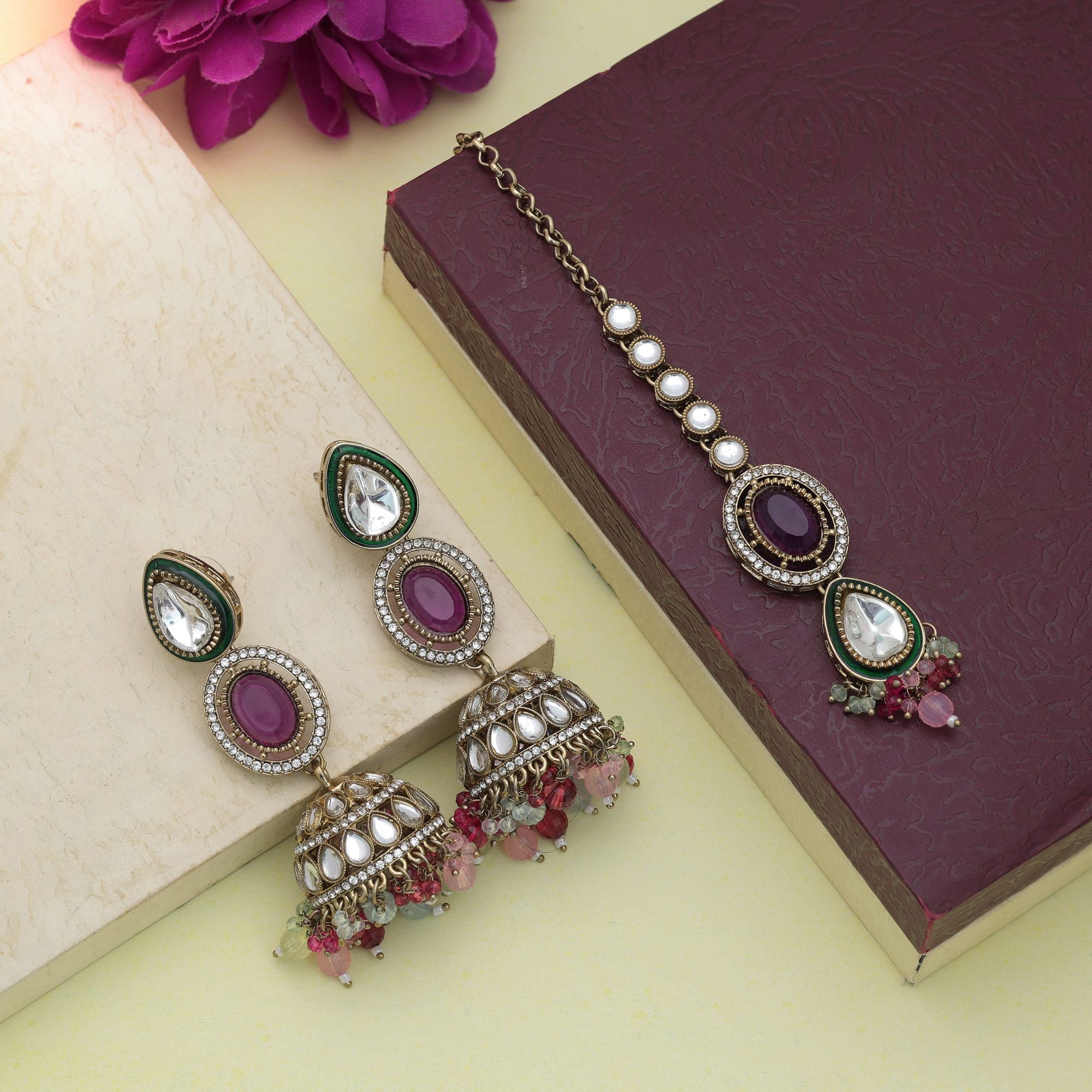 Multi Color Kundan Earrings Tikka Set Traditional Artwork