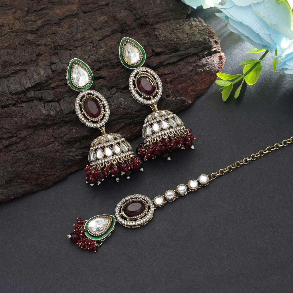 Maroon Color Kundan Earrings Tikka Set Ethnic Jewelry
