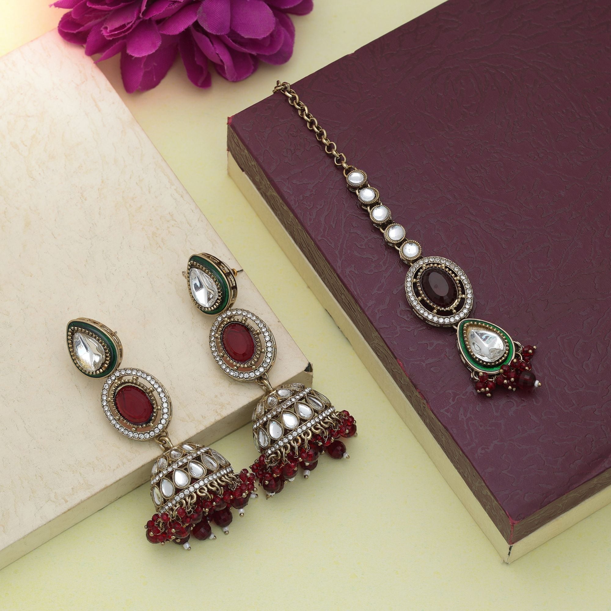 Maroon Color Kundan Earrings Tikka Set Ethnic Jewelry