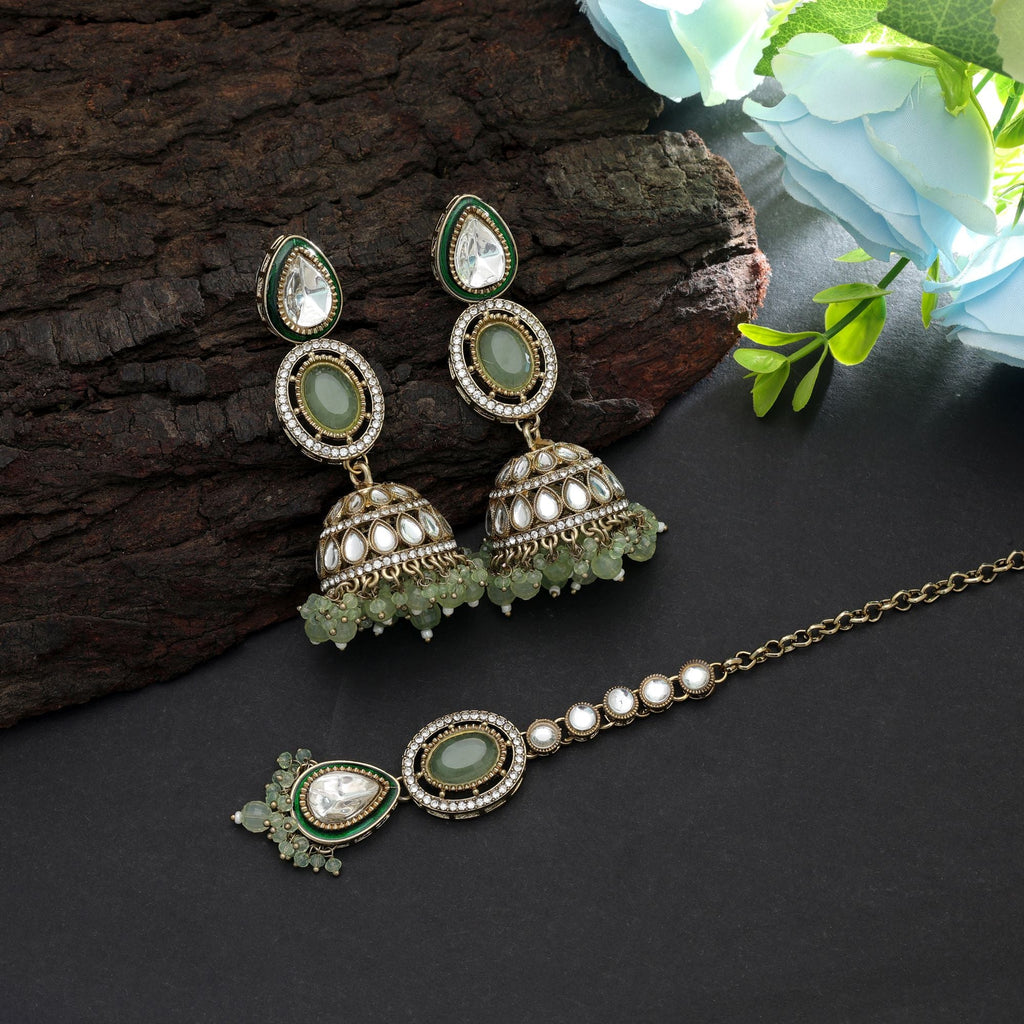 Pista Green Color Kundan Earrings Tikka Set Party Wear
