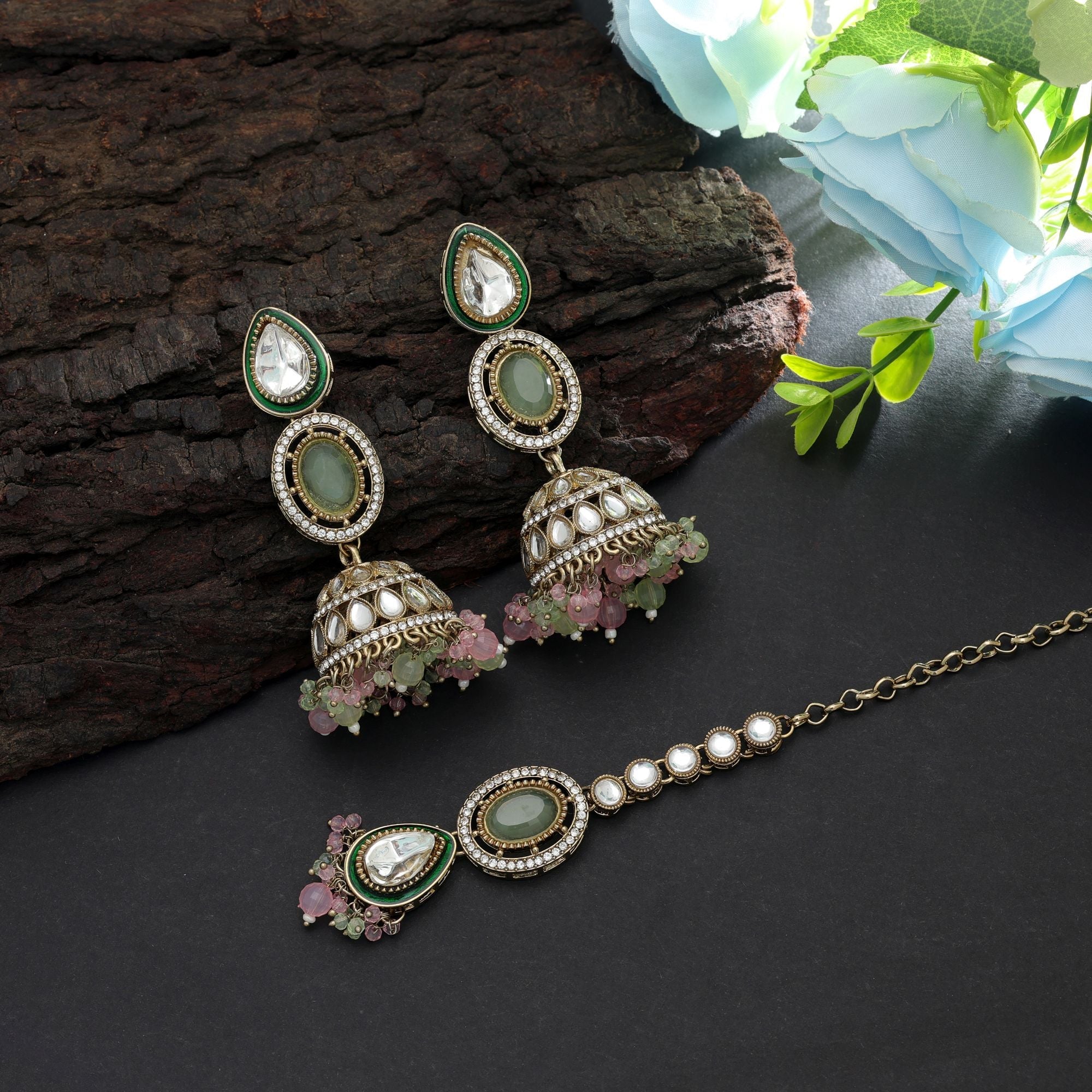 Pista Green & Pink Kundan Earrings Tikka Set Elegant