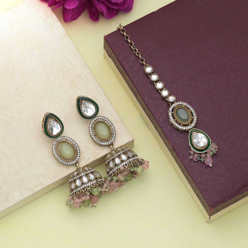 Pista Green & Pink Kundan Earrings Tikka Set Elegant