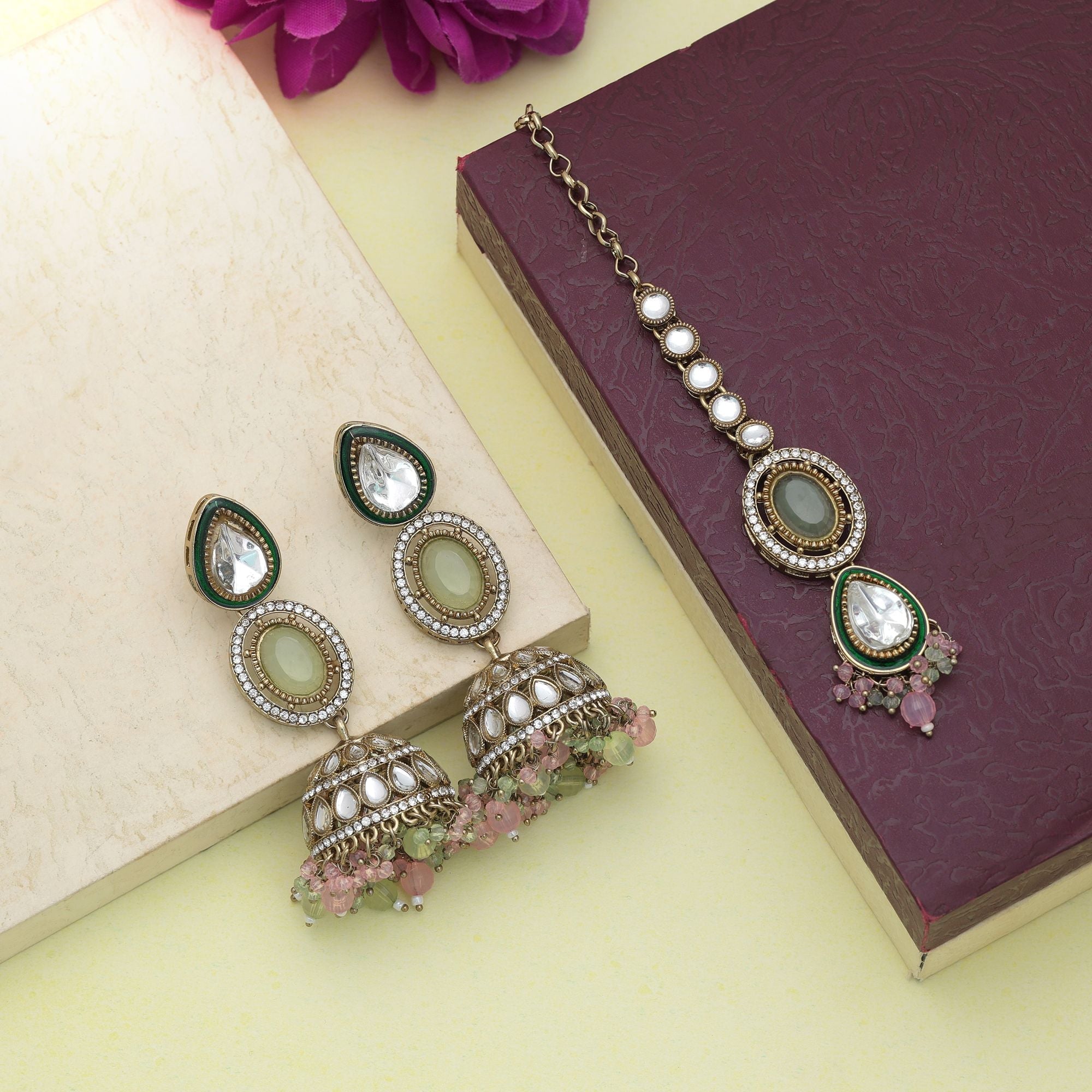 Pista Green & Pink Kundan Earrings Tikka Set Elegant