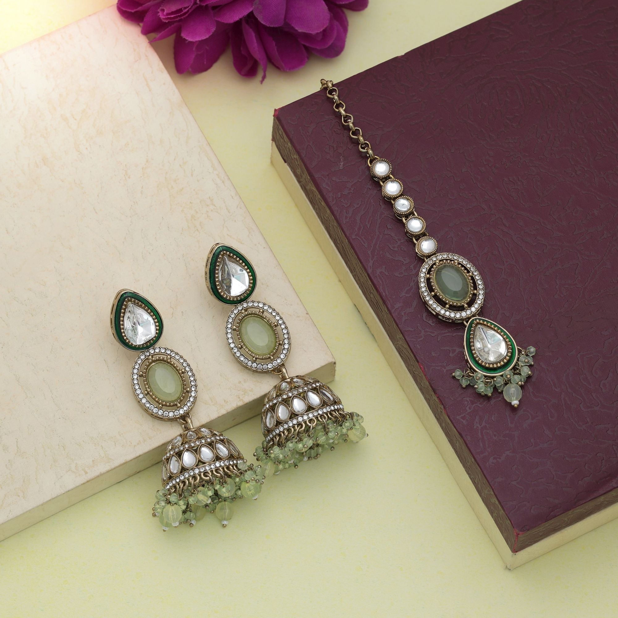 Pista Green Color Kundan Earrings Tikka Set Party Wear