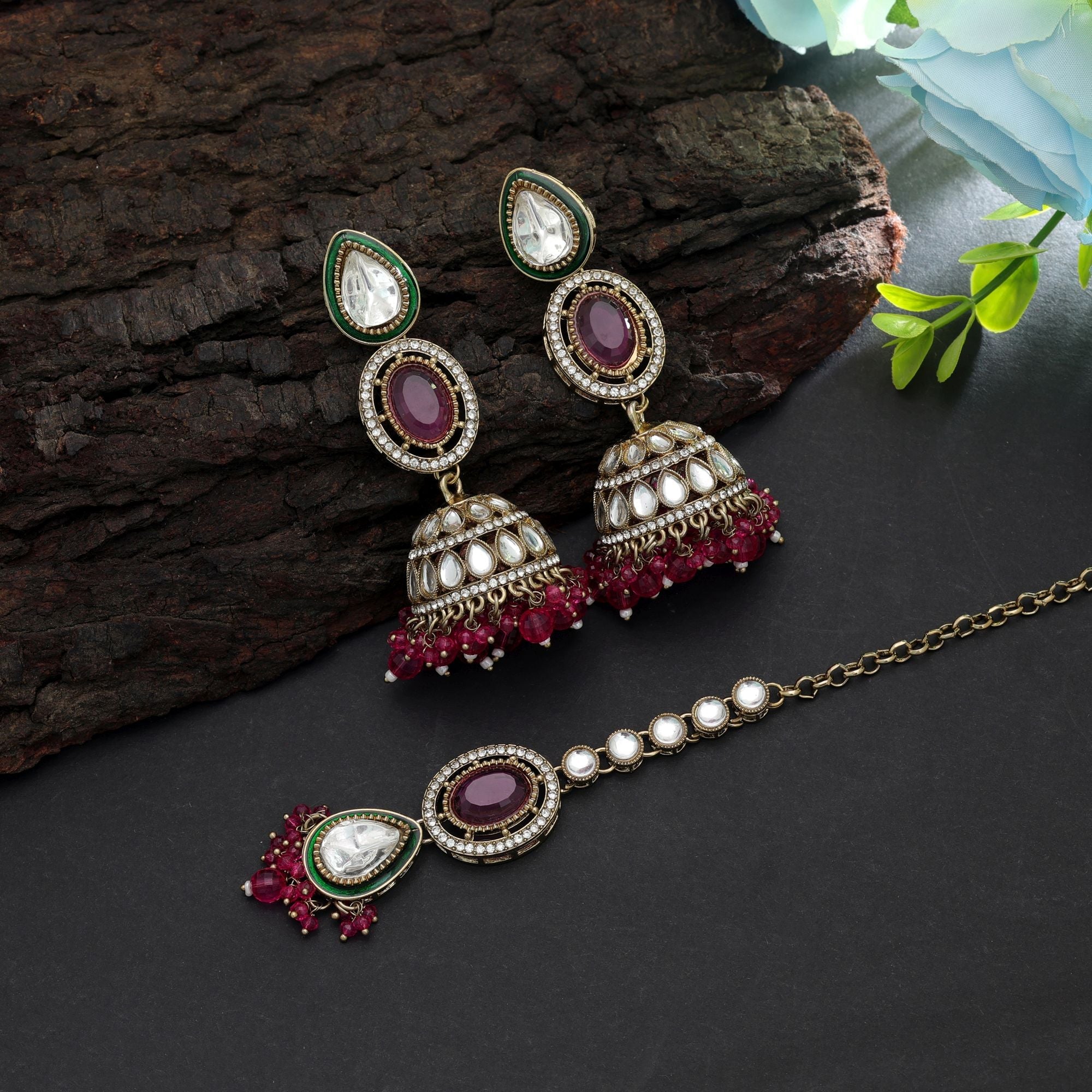 Rani Color Kundan Earrings Tikka Set Bridal Occasion