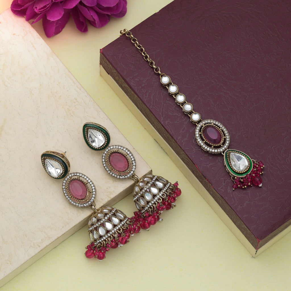 Rani Color Kundan Earrings Tikka Set Bridal Occasion