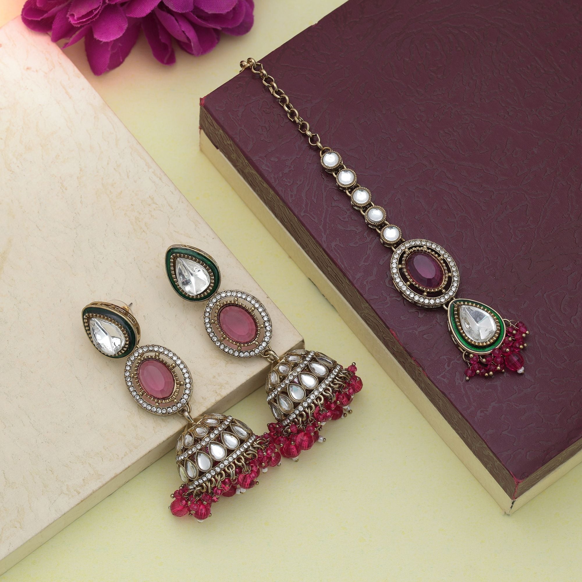Rani Color Kundan Earrings Tikka Set Bridal Occasion