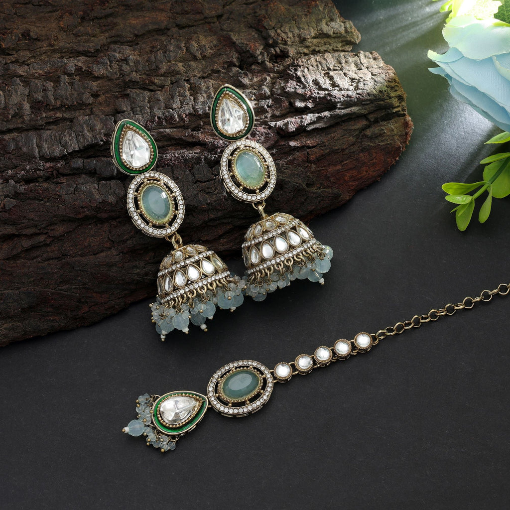 Sky Blue Color Kundan Earrings Tikka Set Wedding Fashion