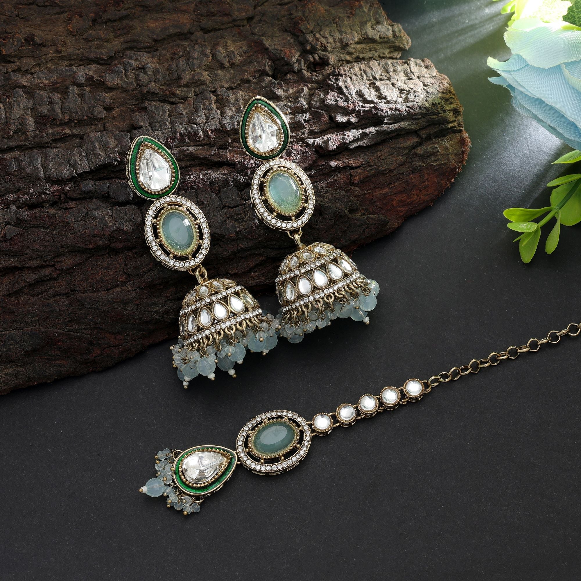 Sky Blue Color Kundan Earrings Tikka Set Wedding Fashion