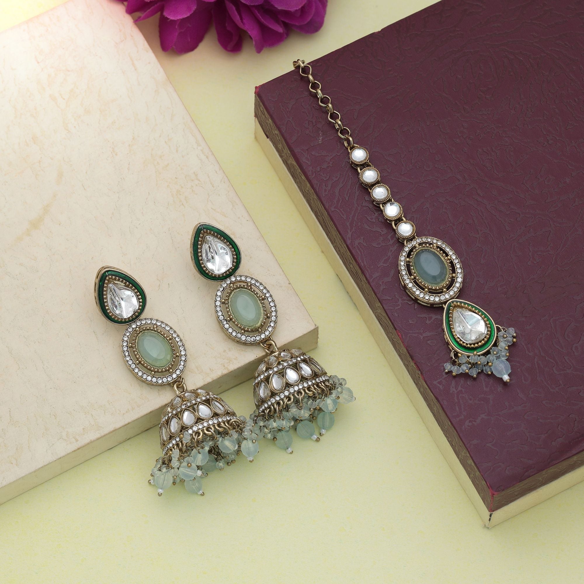 Sky Blue Color Kundan Earrings Tikka Set Wedding Fashion