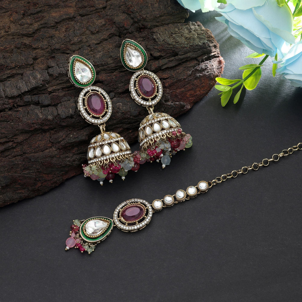 Multi Color Kundan Earrings Tikka Set Wedding Fashion